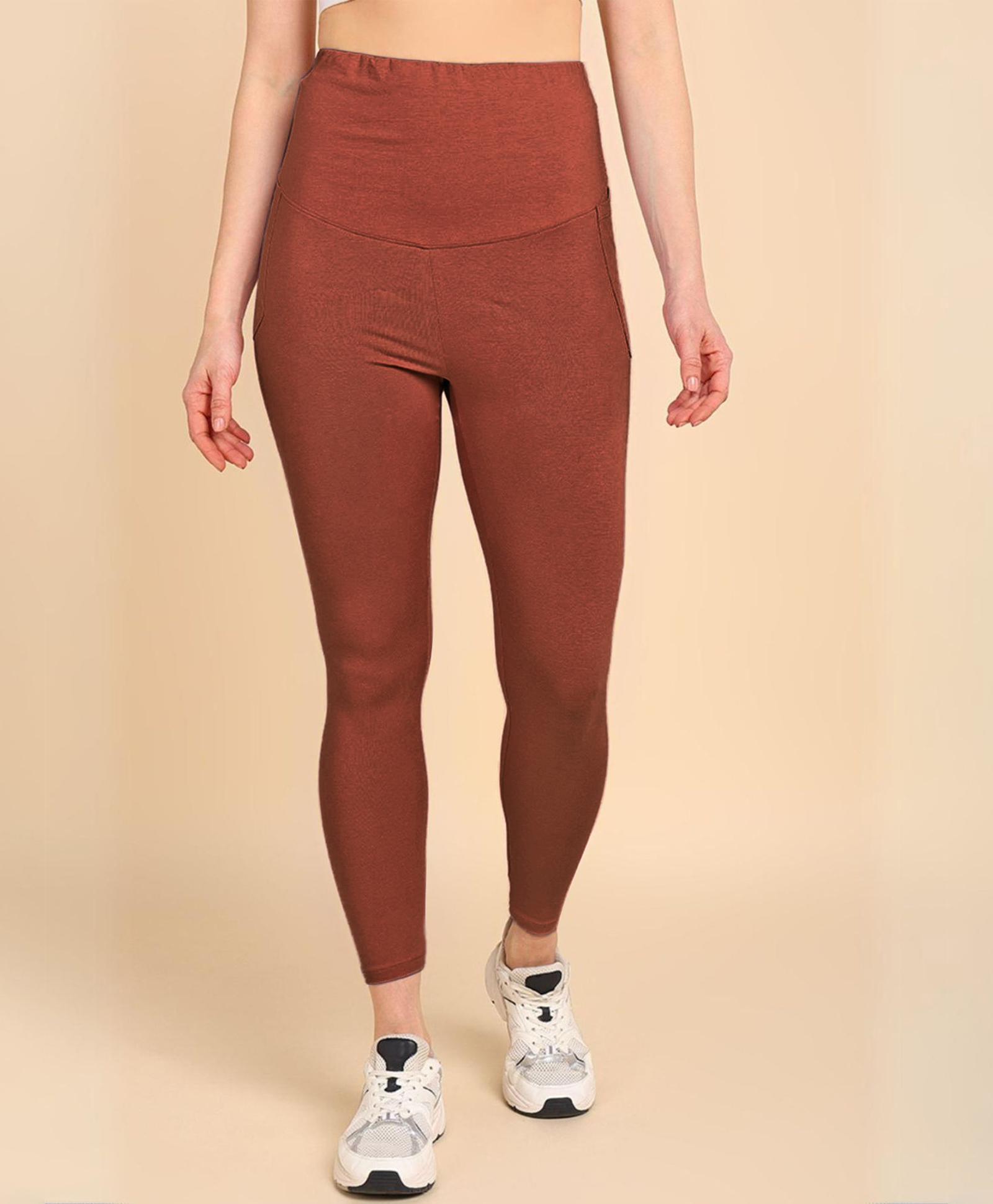 Zelena 95% Cotton 5% Elastane Solid Pre & Post Pregnancy Maternity Leggings - Rust-image-35