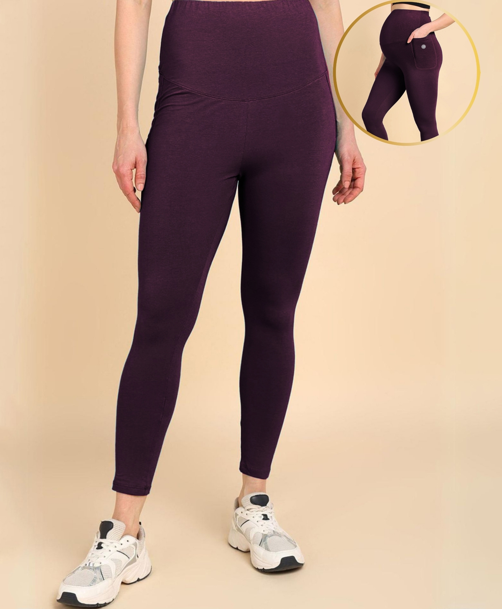 Zelena 95% Cotton 5% Elastane Solid Pre & Post Pregnancy Maternity Leggings - Plum-picture-21