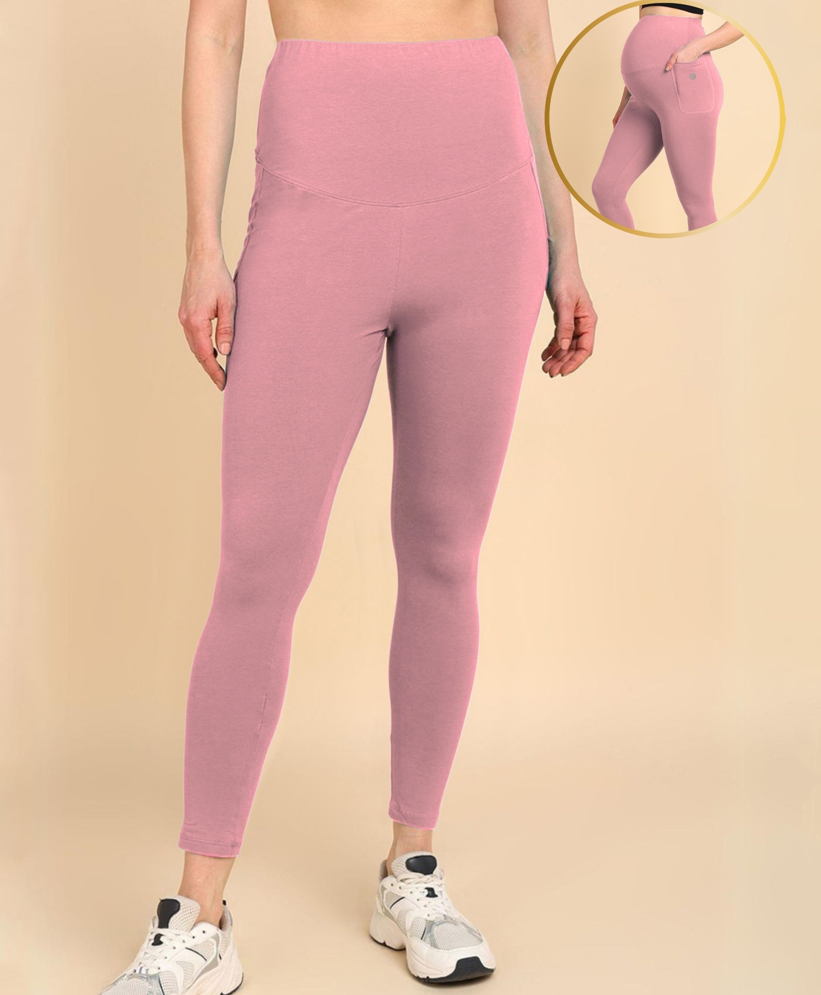 Zelena 95% Cotton 5% Elastane Solid Pre & Post Pregnancy Maternity Leggings - Deep Salmon-picture-22