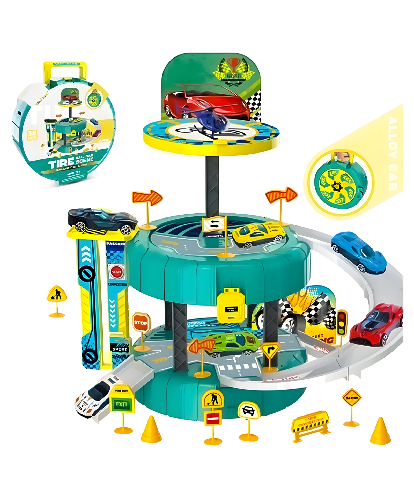 NEGOCIO Children's Puzzle Toy 38pcs Storage Alloy Engineering Parking Lot Handbag With Road Signs Toy Alloy Car- Pack of 1 - Green-picture-20