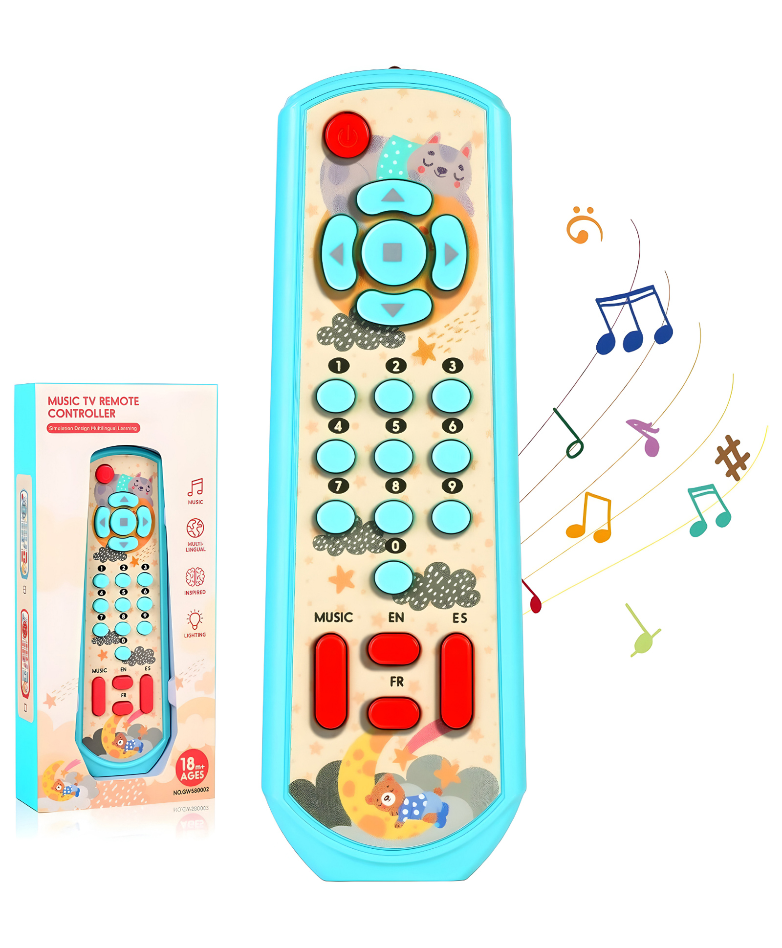 NEGOCIO TV Remote Control Toy with English Spanish and French, Baby Sensory Toys with Light & Sound- PACK OF 1- COLOR BLUE-image-2