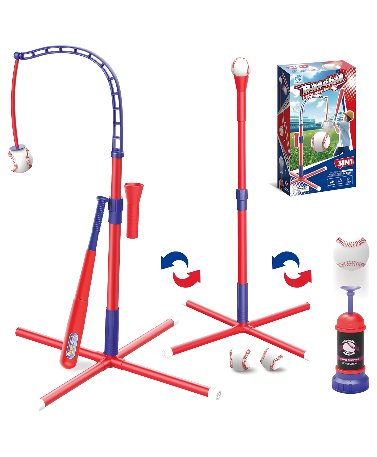 NEGOCIO 3-in-1 T Ball Set for Kids Includes Batting Tee, Ball Launcher, Hanging Tee and 6 Softballs, Outdoor Sport Toy- Pack of 1