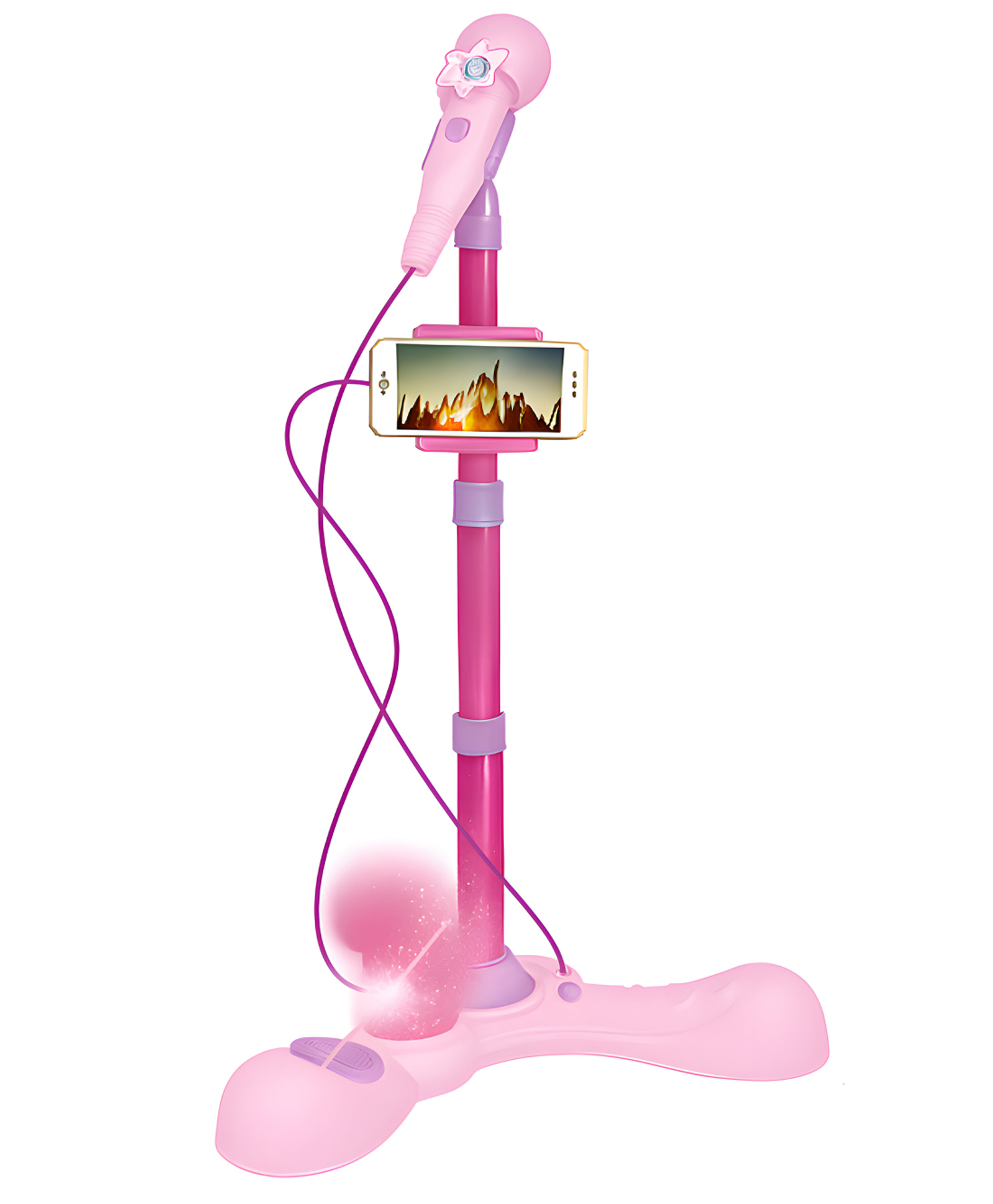 NEGOCIO Flash Light Karaoke Microphone Toy With Phone Holder Musical Instrument Toy for Kids- Pack of 1- Color Pink
