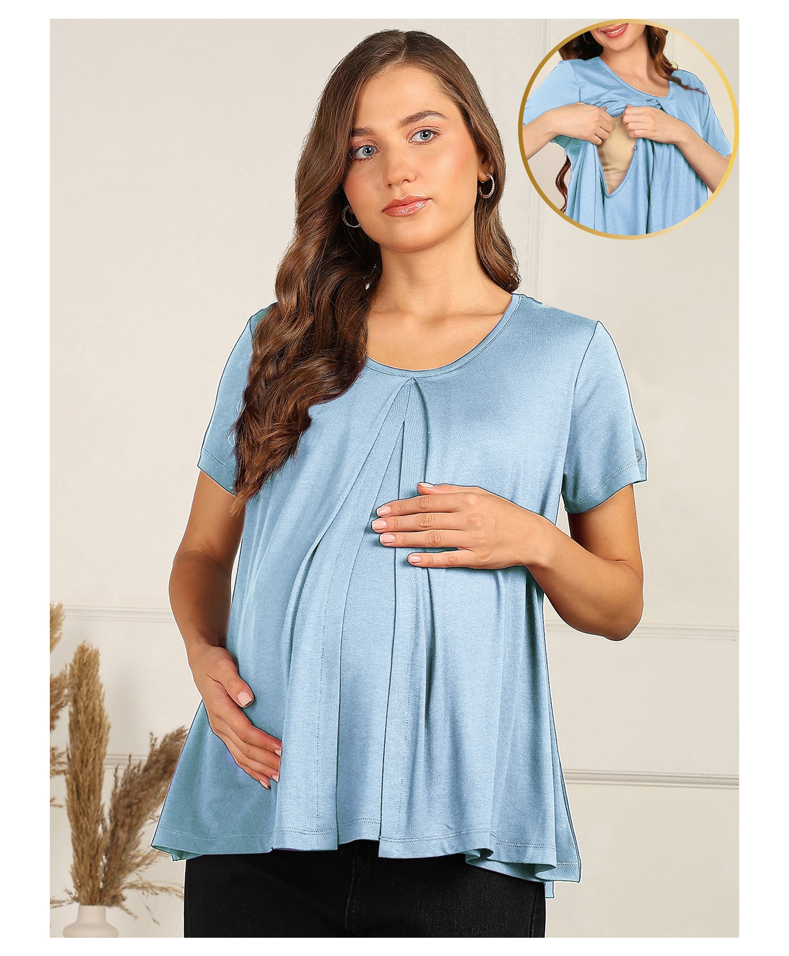 Zelena 95% Viscose 5% Lycra Half Sleeves Solid Maternity Top With Side Open Nursing Access - Ice Blue-picture-16