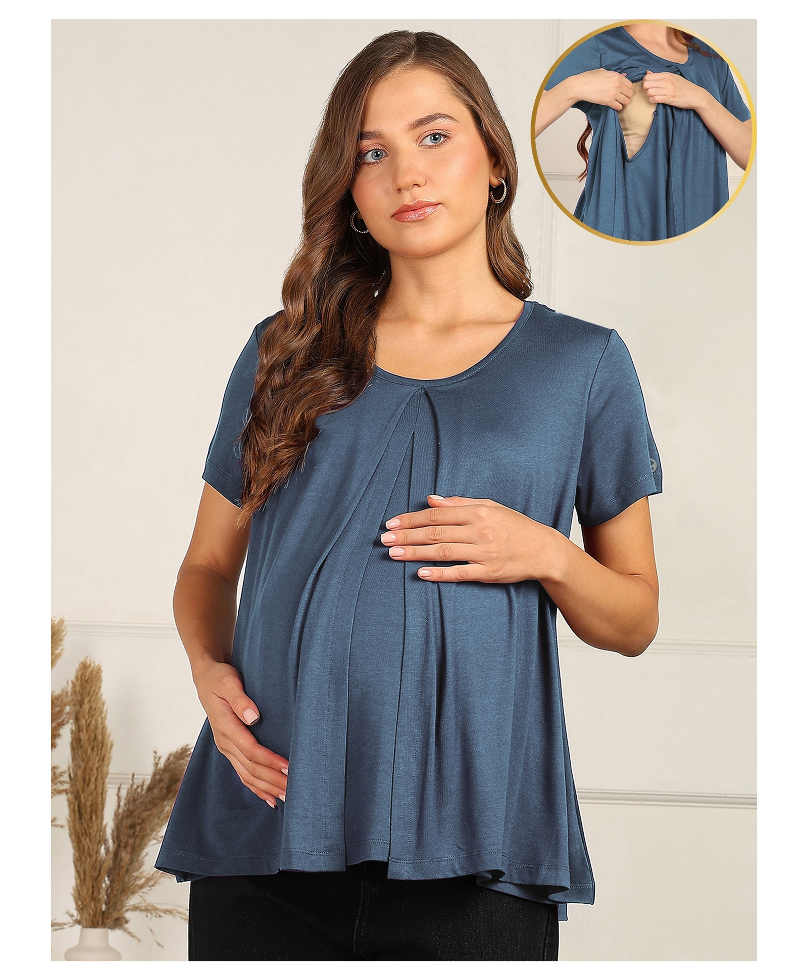 Zelena 95% Viscose 5% Lycra Half Sleeves Solid Maternity Top With Side Open Nursing Access - Denim Blue-picture-17