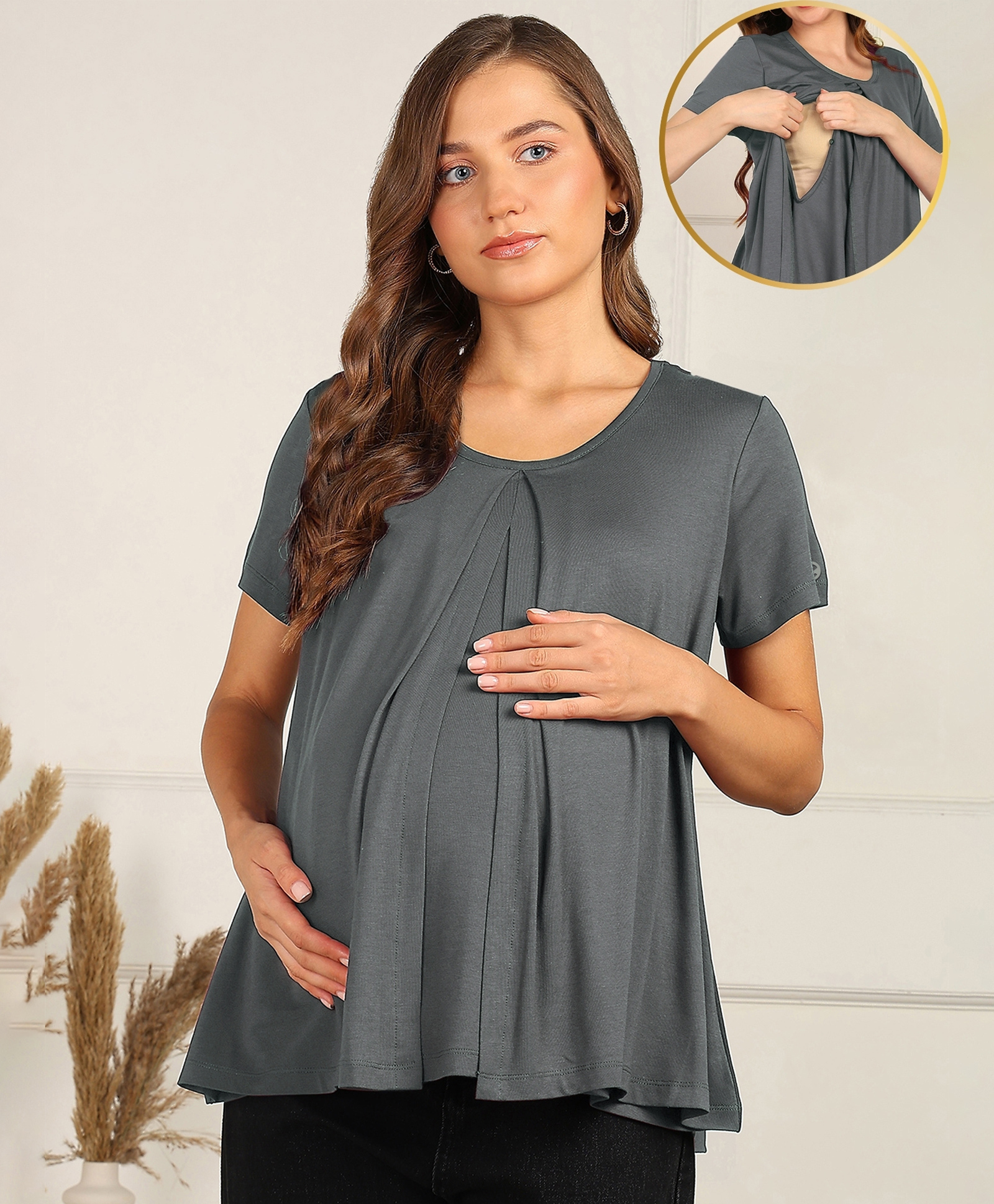 Zelena 95% Viscose 5% Lycra Half Sleeves Solid Maternity Top With Side Open Nursing Access - Charcoal Grey-picture-18