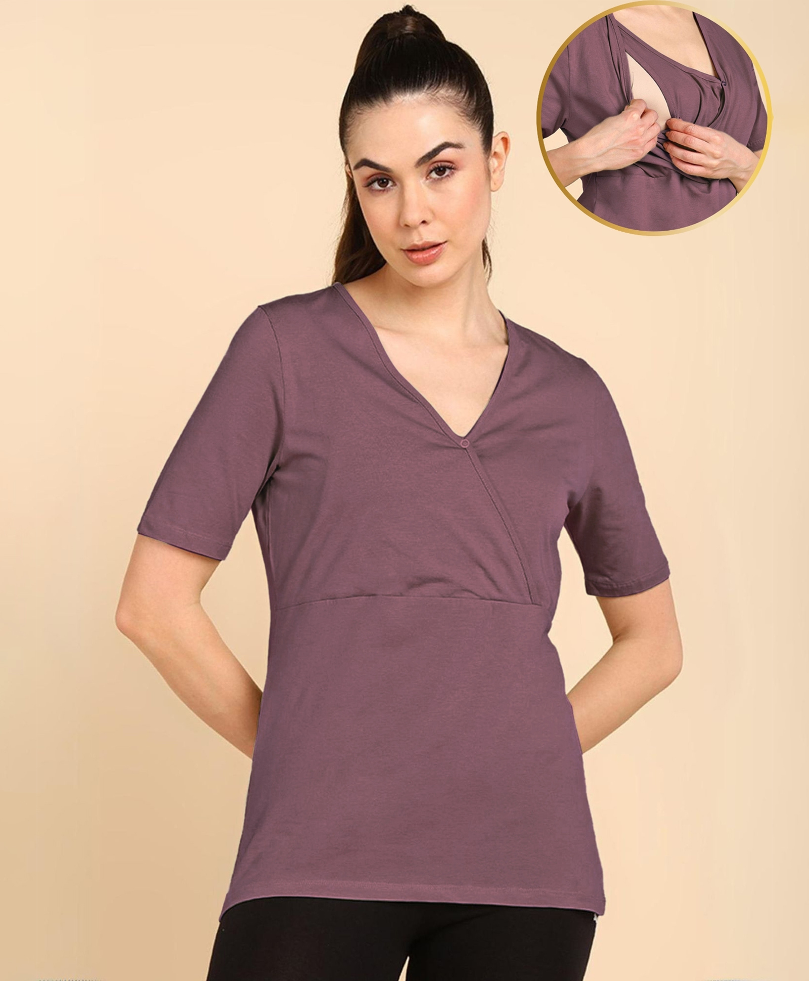 Zelena 95% Cotton 5% Elastane Woven Half Sleeves Solid Maternity Top With Side Open Nursing Access - Deep Woodrose-image-10