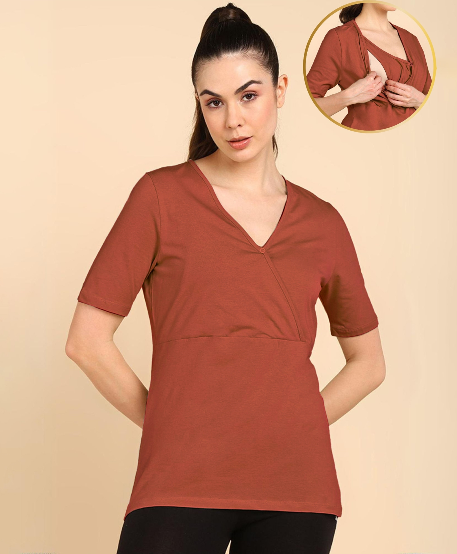 Zelena 95% Cotton 5% Elastane Woven Half Sleeves Solid Maternity Top With Side Open Nursing Acces - Rust-image-28