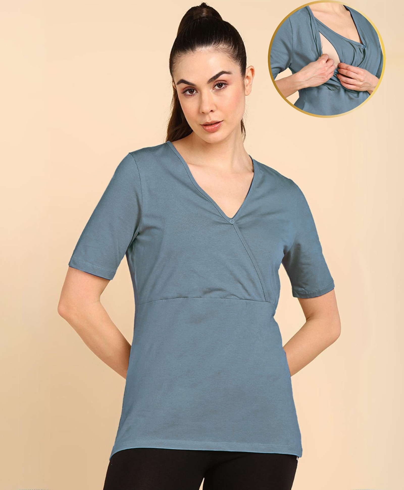 Zelena 95% Cotton 5% Elastane Woven Half Sleeves Solid Maternity Top With Side Open Nursing Acces - Medium Blue-image-44