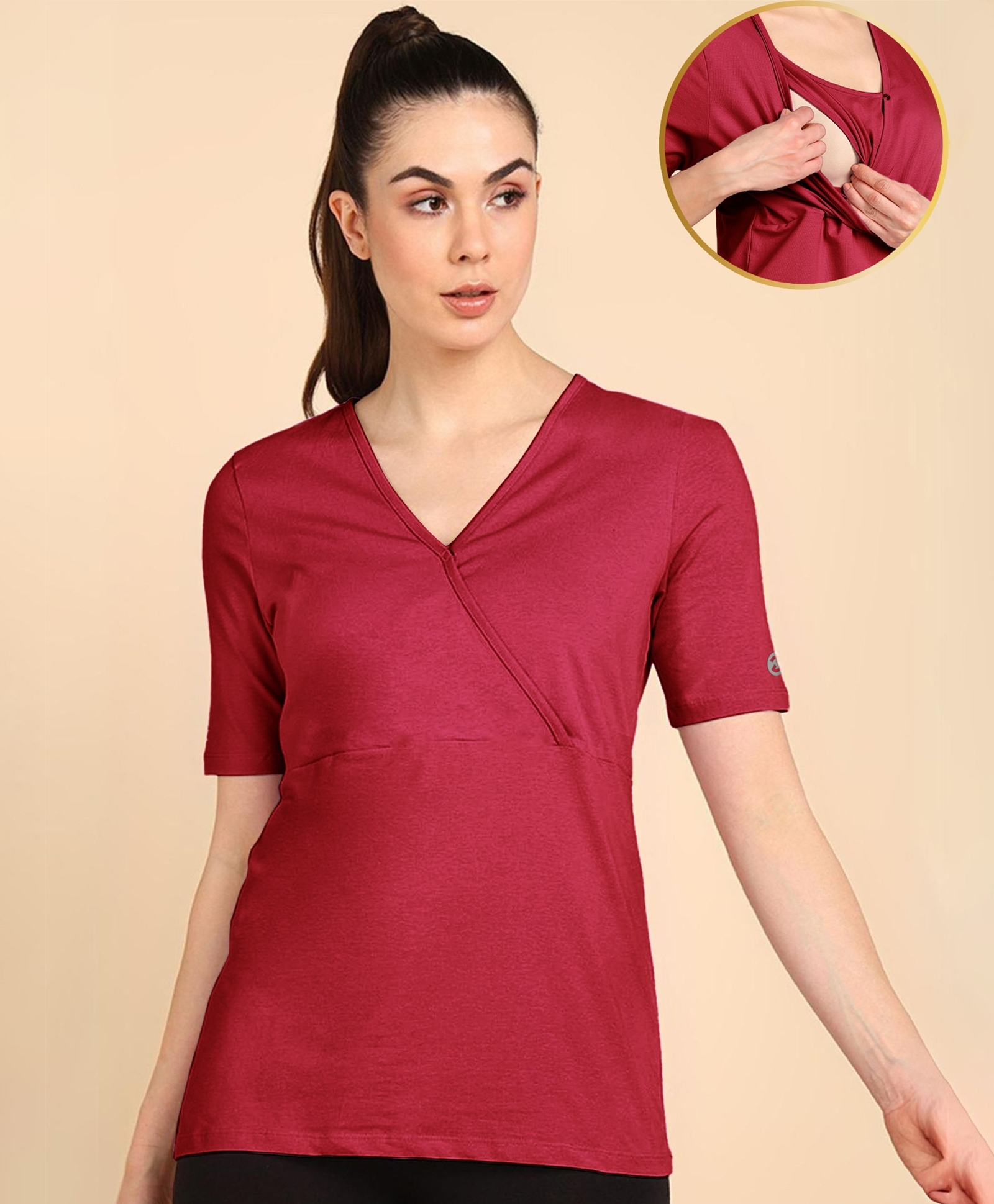 Zelena 95% Cotton 5% Elastane Woven Half Sleeves Solid Maternity Top With Side Open Nursing Acces - Deep Red-image-42