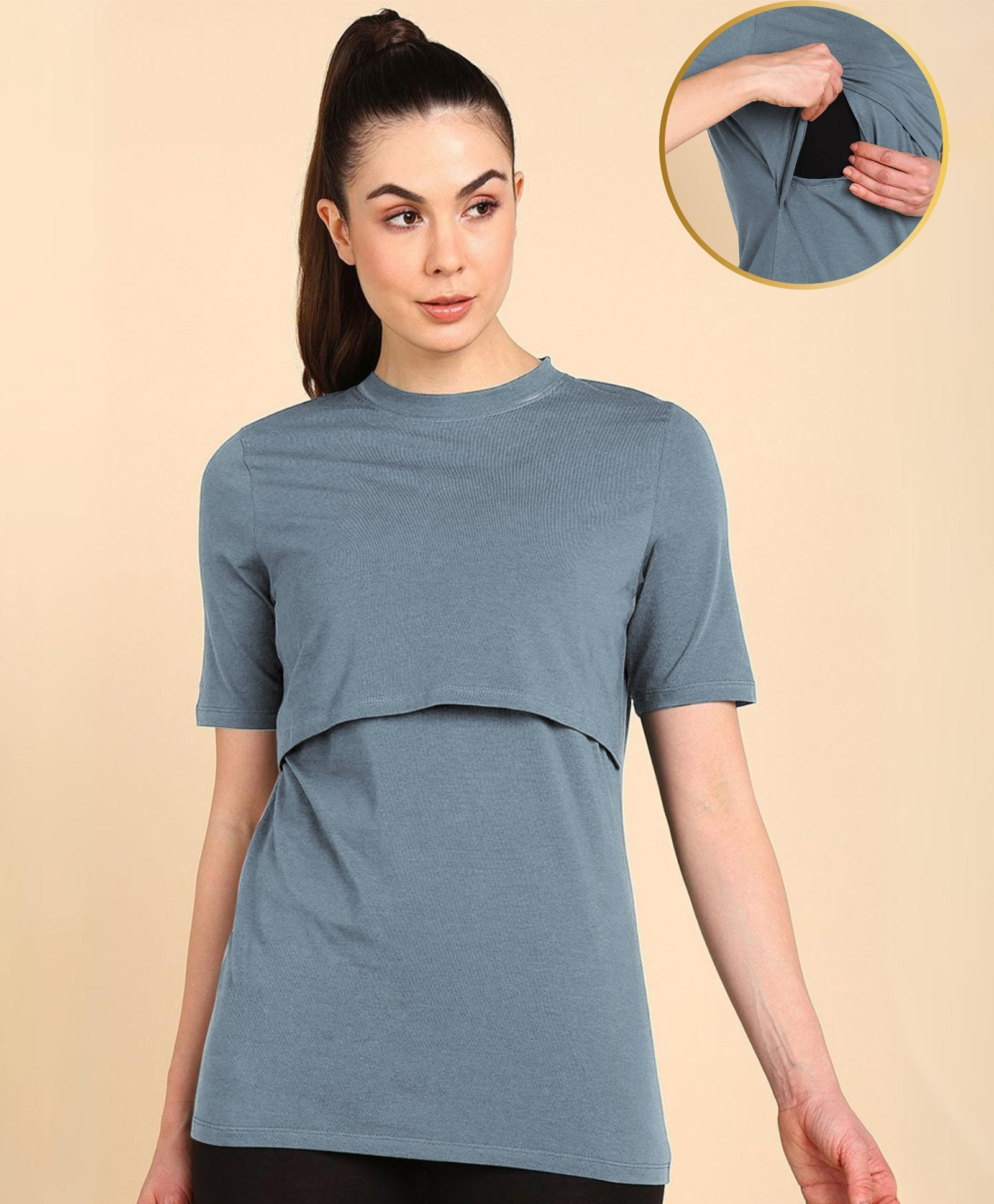 Zelena 95% Cotton 5% Elastane Woven Half Sleeves Solid Maternity Top With Overlap Nursing Access - Medium Blue-image-37