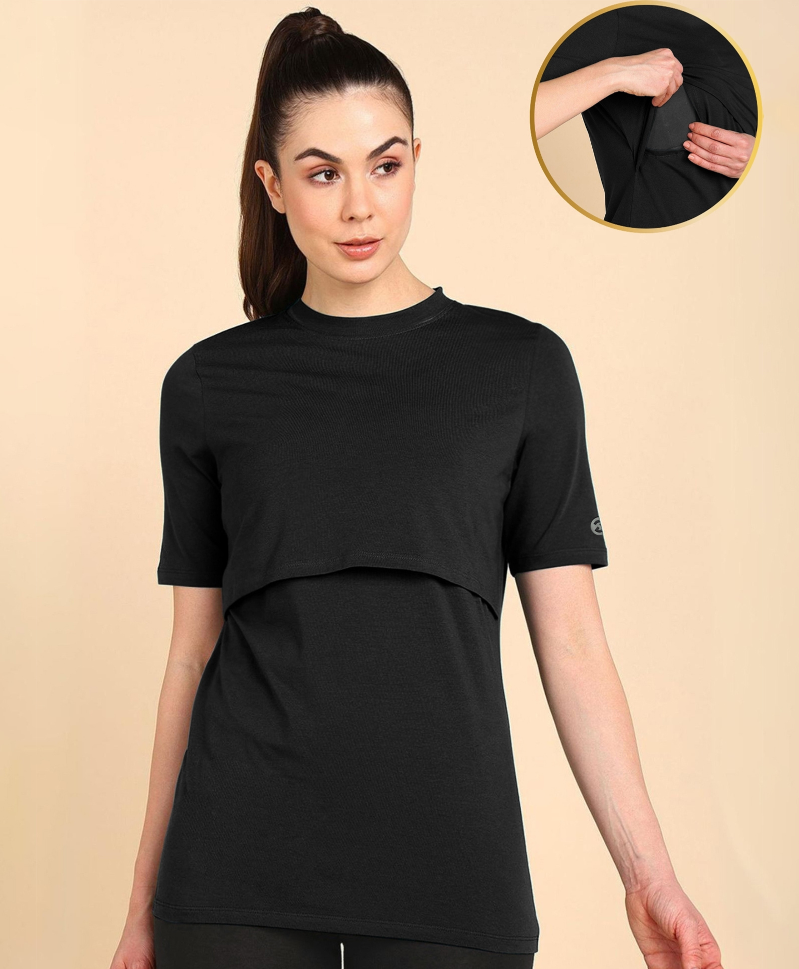 Zelena 95% Cotton 5% Elastane Woven Half Sleeves Solid Maternity Top With Overlap Nursing Access - Black-picture-26