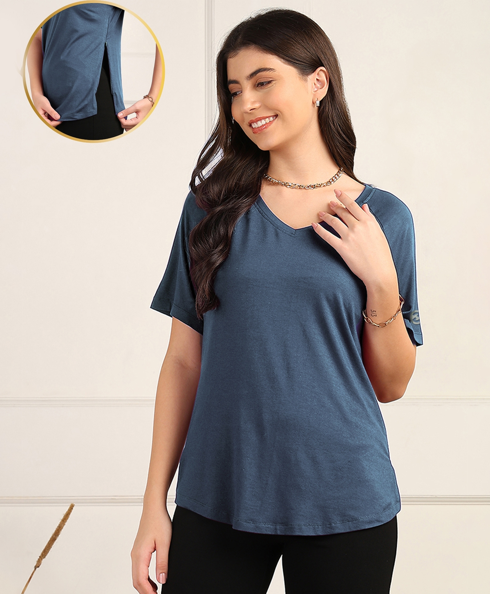 Zelena 95% Viscose 5% Lycra Knit Half Sleeves Solid Maternity Top With Side Zipper Nursing Access - Denim Blue-picture-38