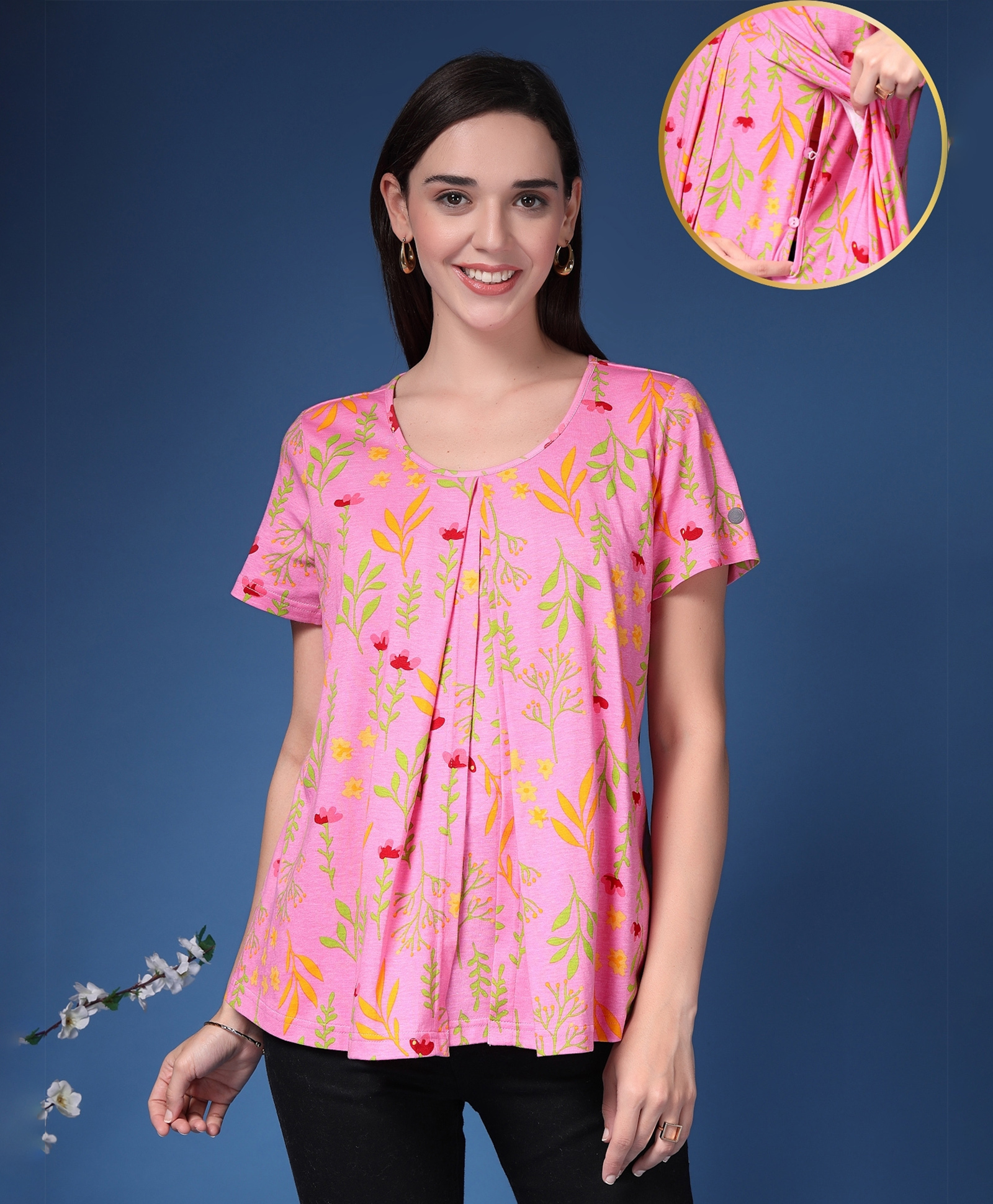 Zelena 95% Cotton 5% Elastane Knit Half Sleeves Floral Printed Maternity Top With Side Button Nursing Access - Baby Pink-image-44