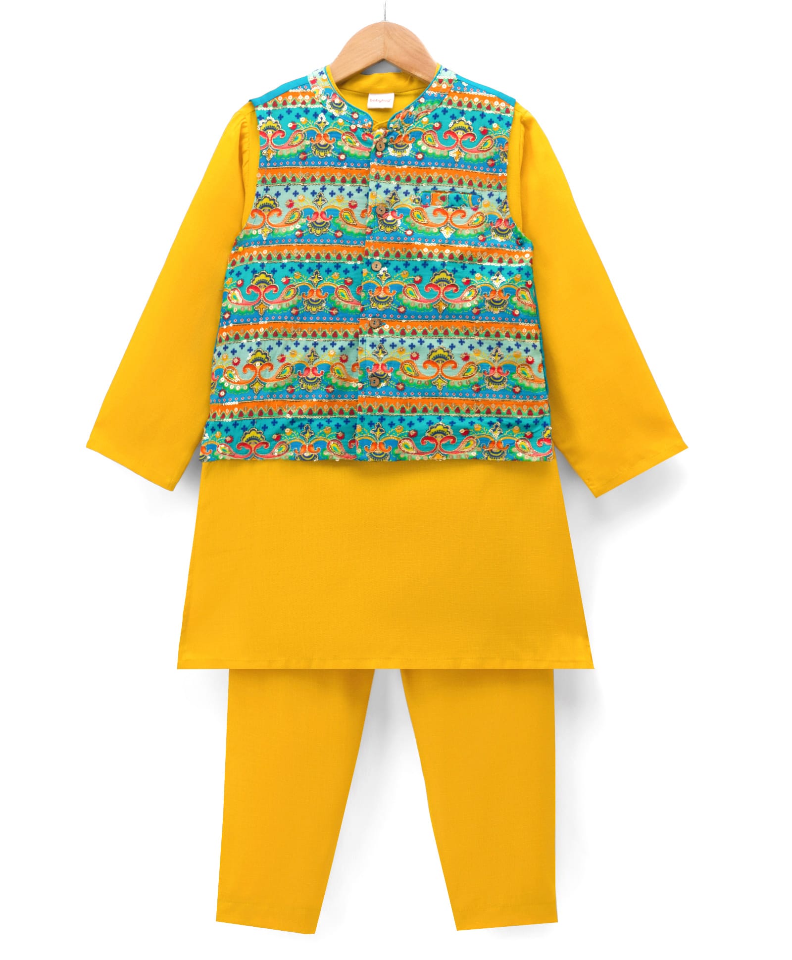 Babyhug Woven Full Sleeves Kurta Pyjama Set With Printed Nehru Jacket - Orange-picture-15