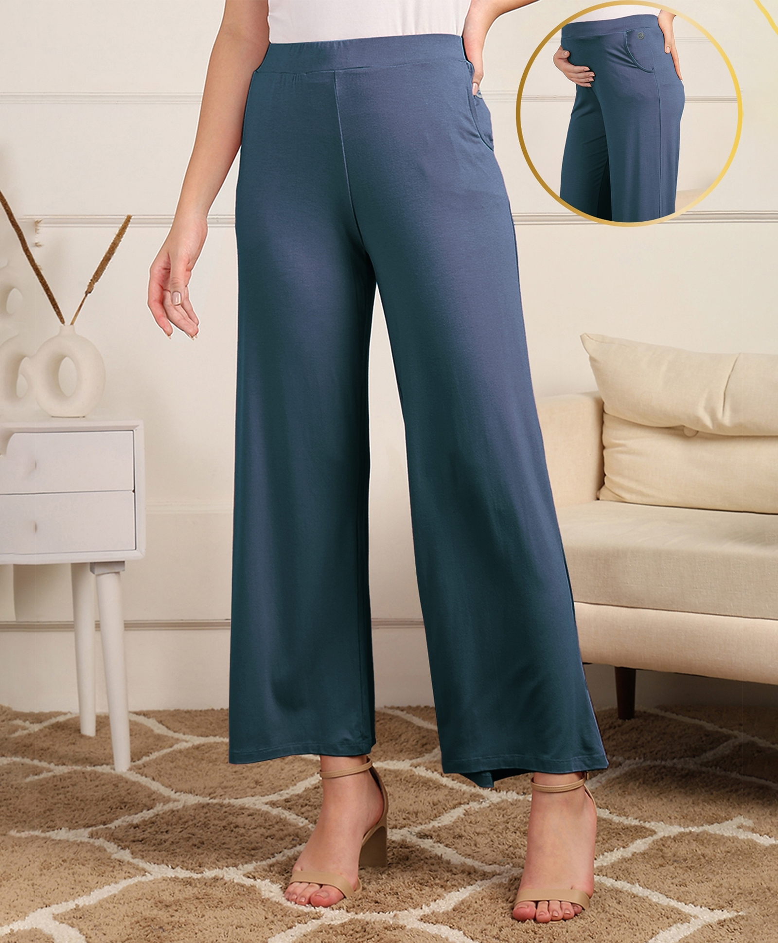 Zelena 95% Viscose 5% Lycra Knit Solid Pre & Post Pregnancy Maternity Pants - Navy Blue-picture-19
