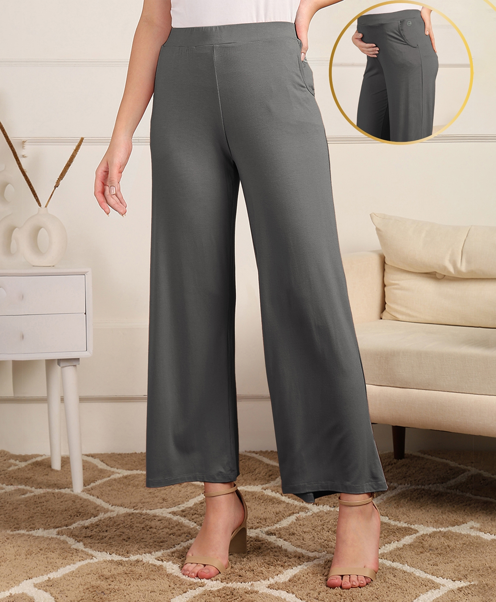 Zelena 95% Viscose 5% Lycra Knit Solid Pre & Post Pregnancy Maternity Pants - Charcoal Grey-image-19