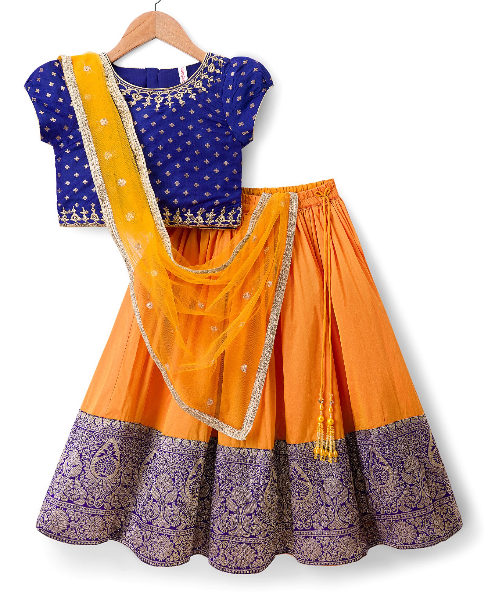 Babyhug Brocade Woven Half Sleeves Choli Lehenga Set With Foil Print & Dupatta - Navy Blue & Yellow-picture-28