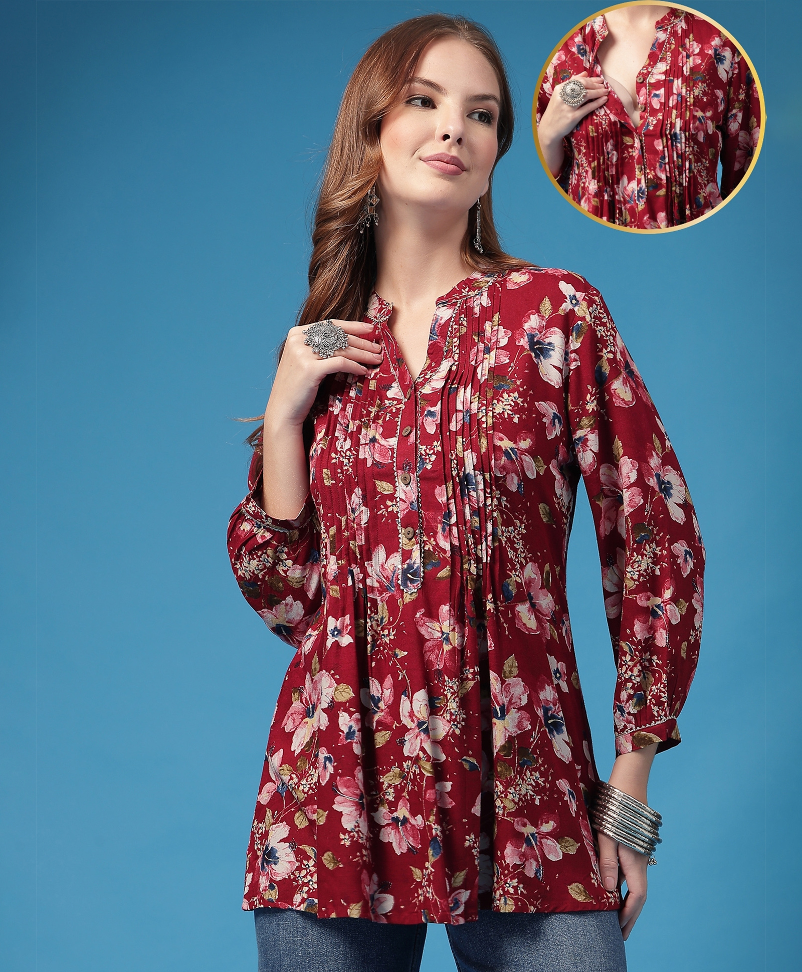Zelena 100% Rayon Knit Three Fourth Puffed Sleeves Floral Printed Maternity Top With Front Button Nursing Access - Dark Maroon-image-45