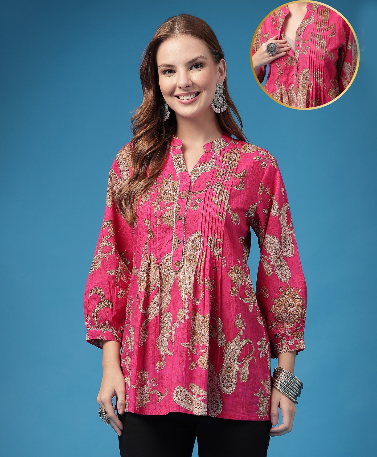 Zelena 100% Cotton Knit Three Fourth Puffed Sleeves Floral Printed Maternity Top With Front Button Nursing Access - Pink-image-46