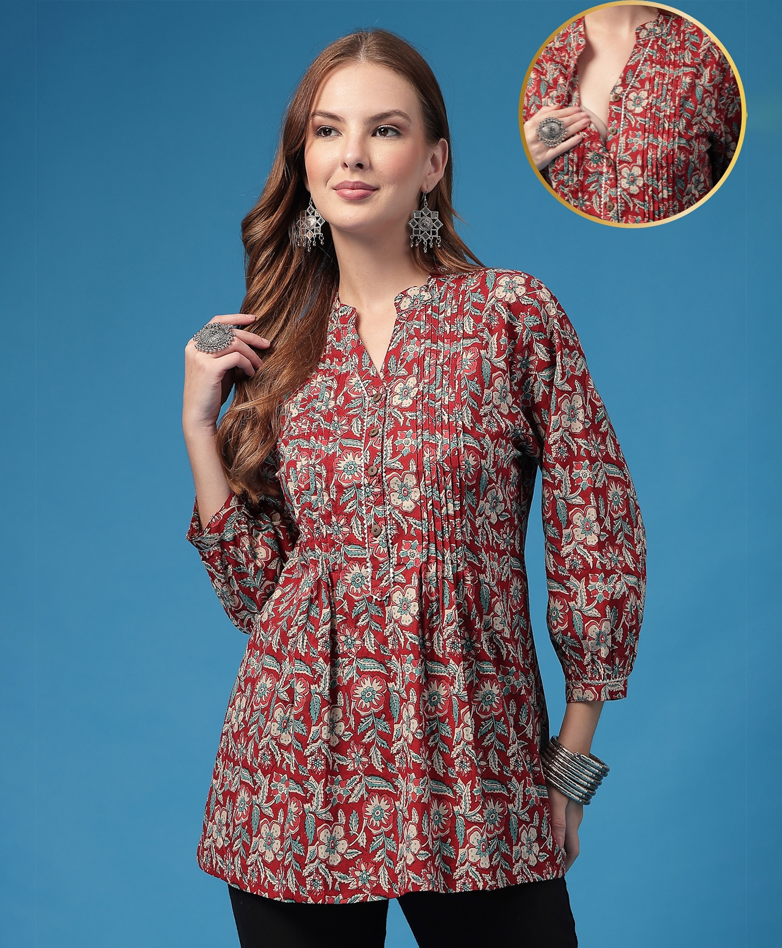 Zelena 100% Cotton Knit Three Fourth Puffed Sleeves Floral Printed Maternity Top With Front Button Nursing Access - Multi Colour-image-33