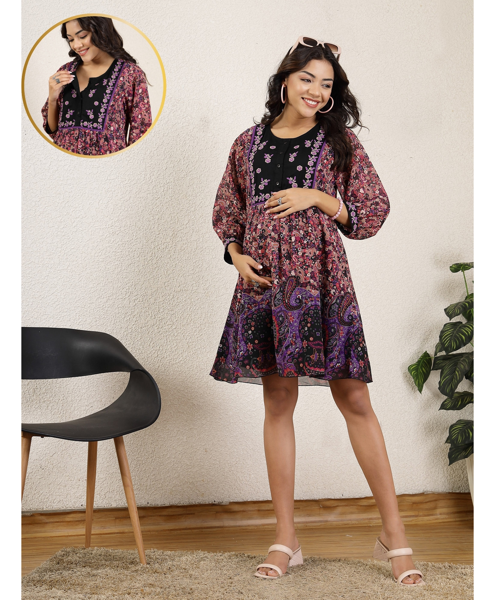 Zelena Woven Three Fourth Sleeves Floral & Paisley Printed Maternity Kurti Style Shirt Dress With Front Open Nursing Access - Purple-image-39