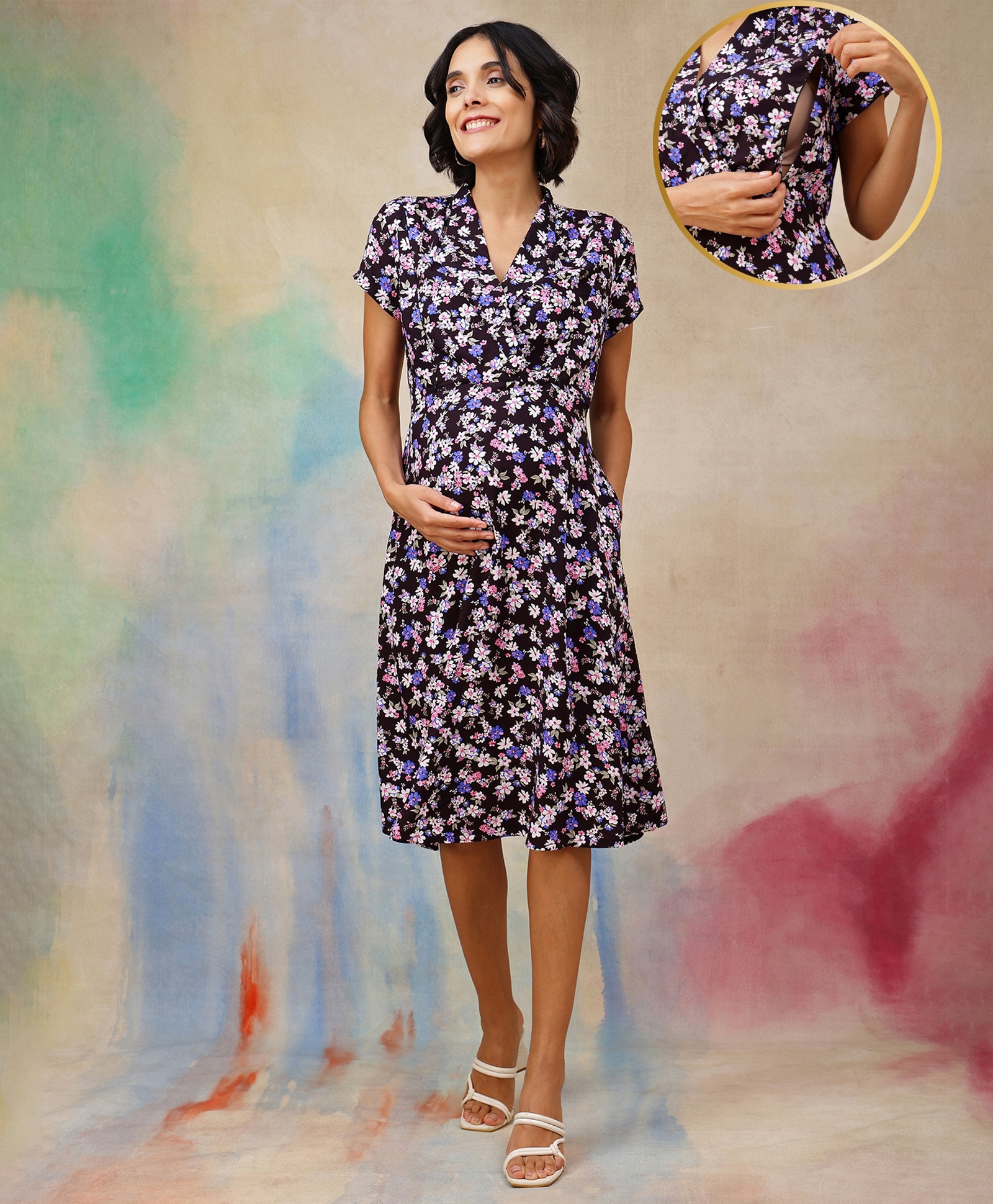 Zelena Rayon Half Sleeves Floral Printed Aarna Noor Indigo Maternity Dress With Side Zipper Open Nursing Access - Black-picture-33