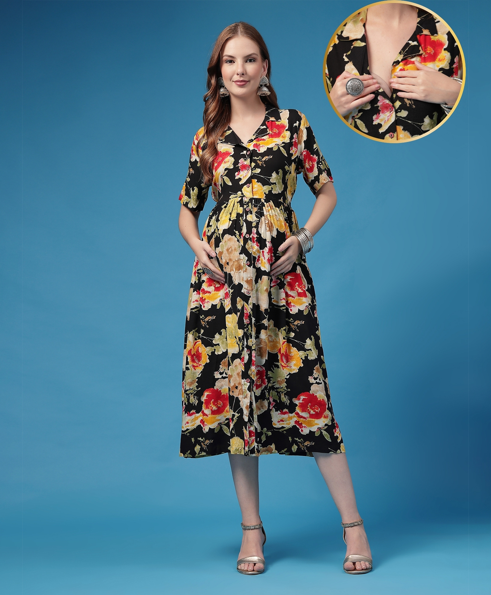 Zelena Rayon Woven Half Sleeves Floral Printed Maternity Dress With Front Open Nursing Access - Black-picture-29