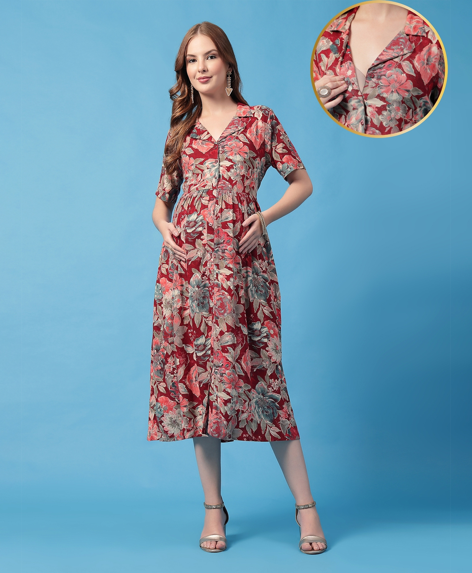 Zelena Rayon Woven Half Sleeves Floral Printed Maternity Dress With Front Open Nursing Access - Multi Colour-picture-29