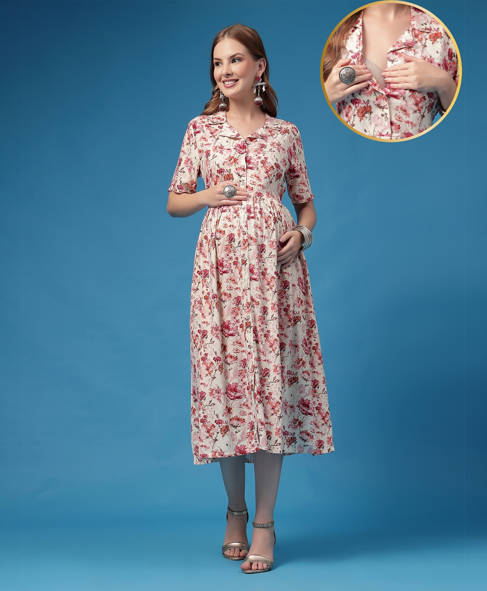 Zelena Rayon Woven Half Sleeves Floral Printed Maternity Dress With Front Open Nursing Access - Off White-picture-13