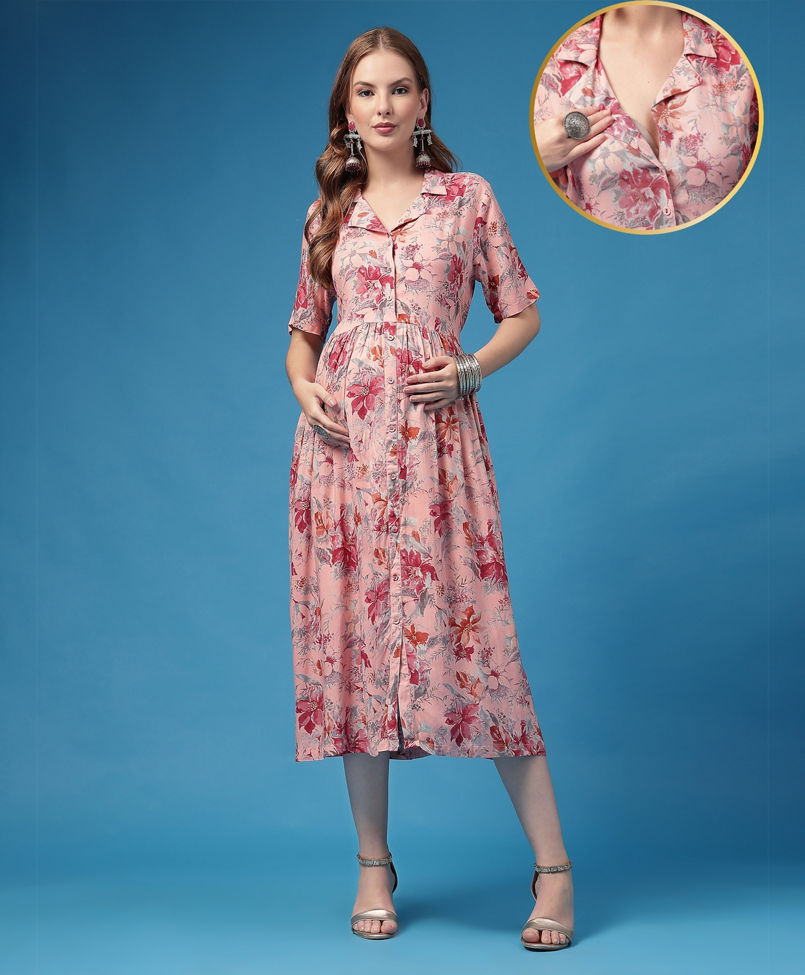 Zelena Rayon Woven Half Sleeves Floral Printed Maternity Dress With Front Open Nursing Access - Pink-picture-31