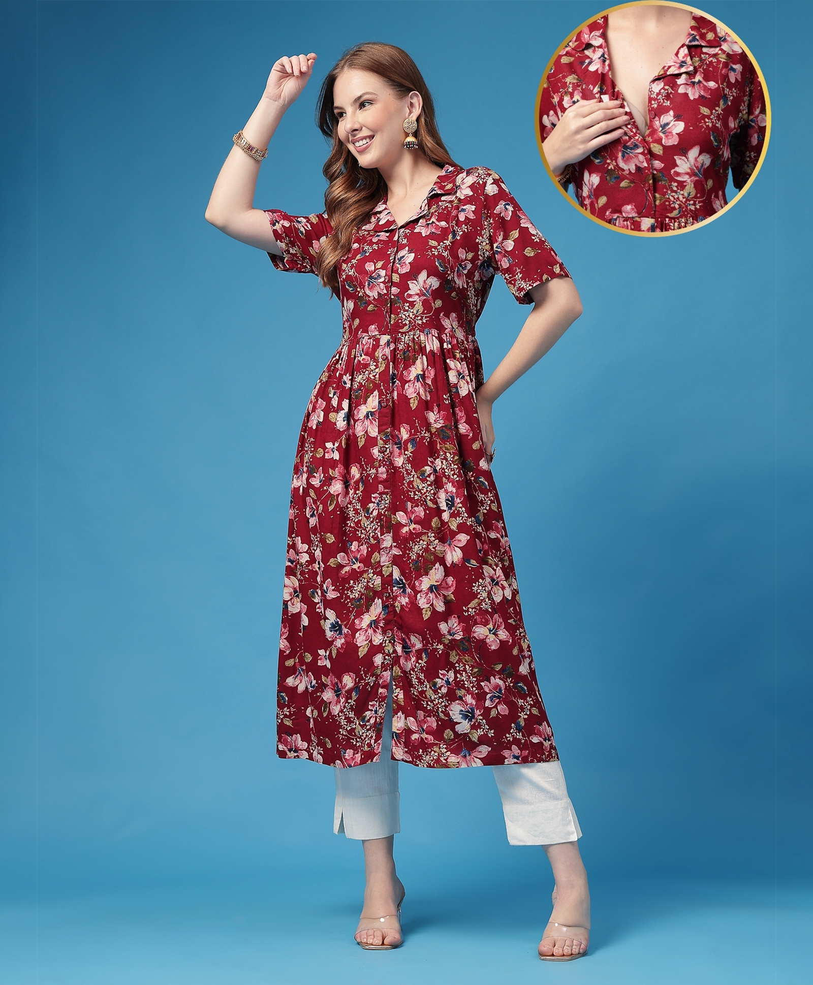 Zelena Rayon Woven Half Sleeves Floral Printed Maternity Dress With Front Open Nursing Access - Dark Maroon