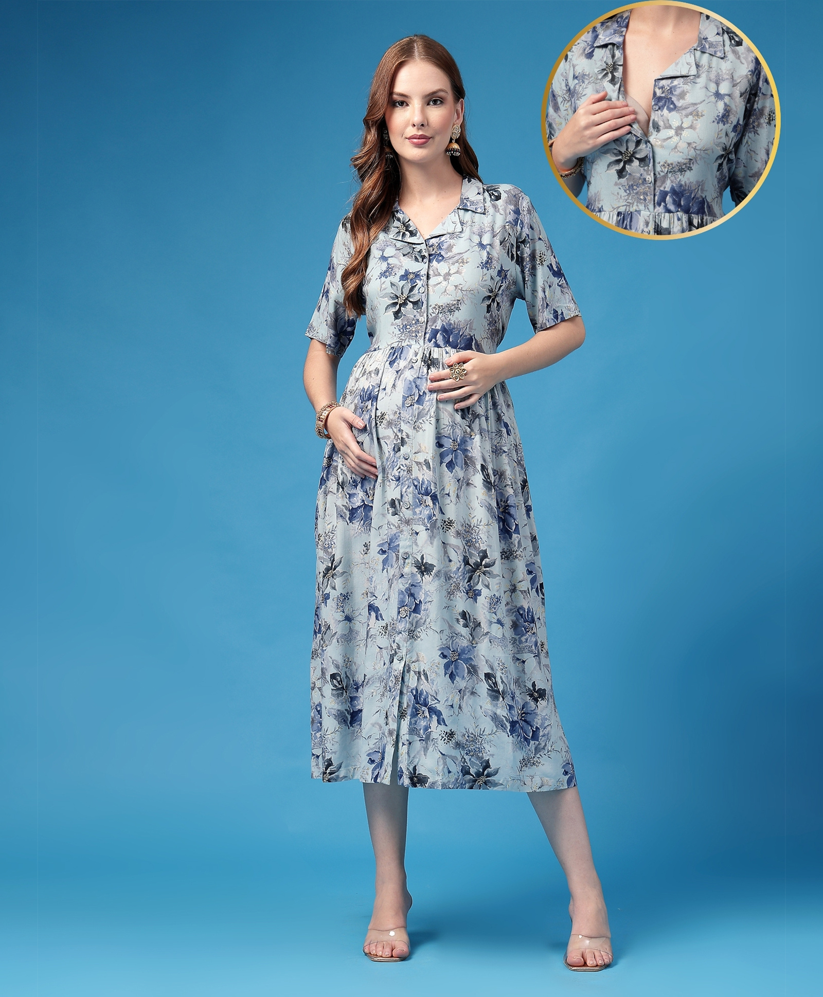 Zelena Rayon Woven Half Sleeves Floral Printed Maternity Dress With Front Open Nursing Access - Sky Blue-picture-36