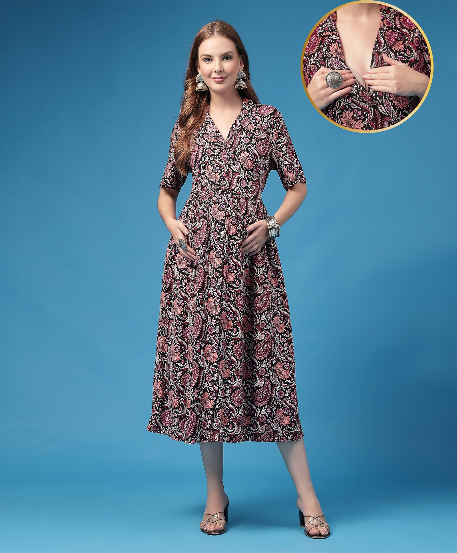 Zelena Rayon Woven Half Sleeves Floral Printed Maternity Dress With Front Open Nursing Access - Multi Colour-picture-26