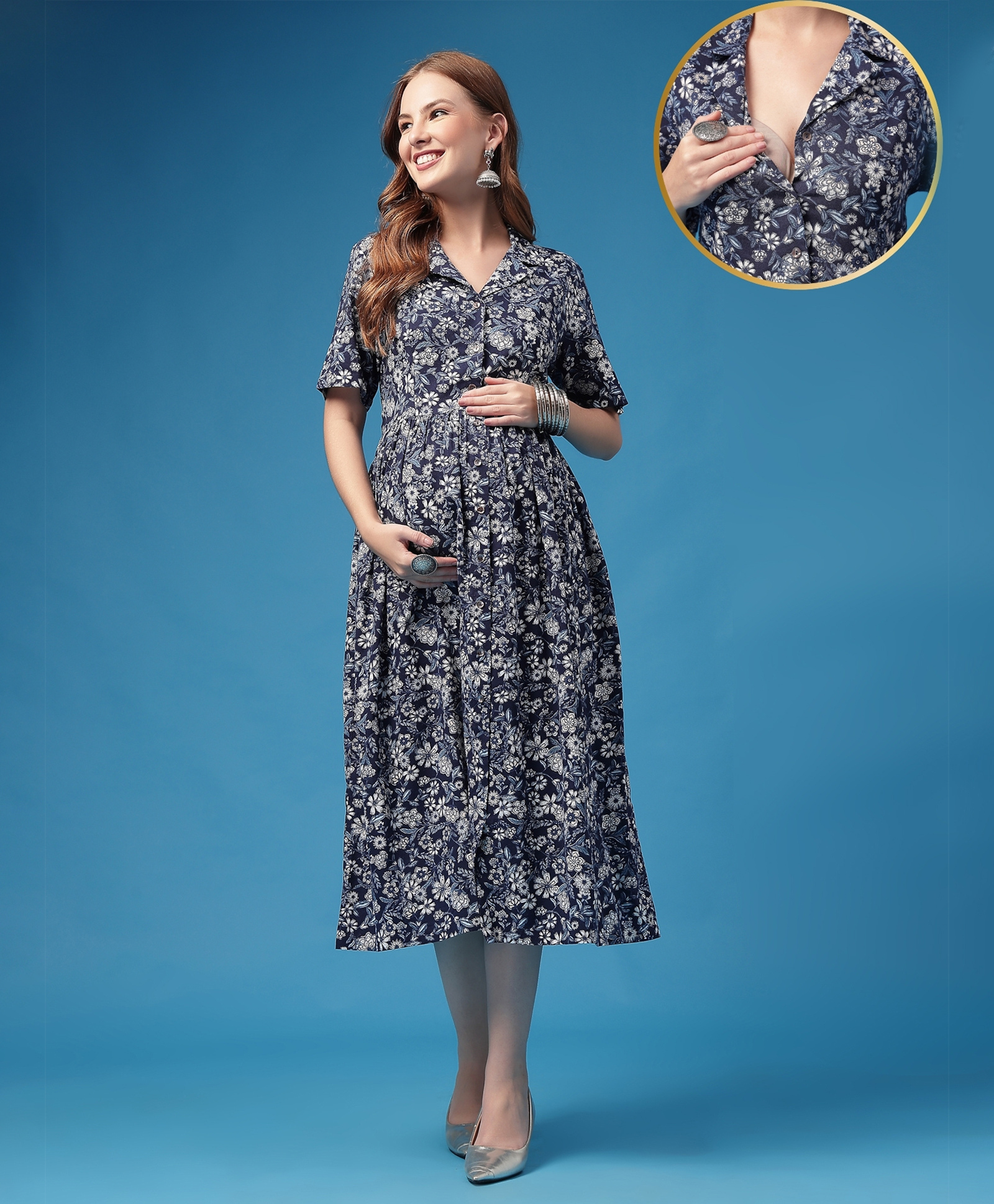 Zelena Rayon Woven Half Sleeves Floral Printed Maternity Dress With Front Open Nursing Access - Blue-picture-27