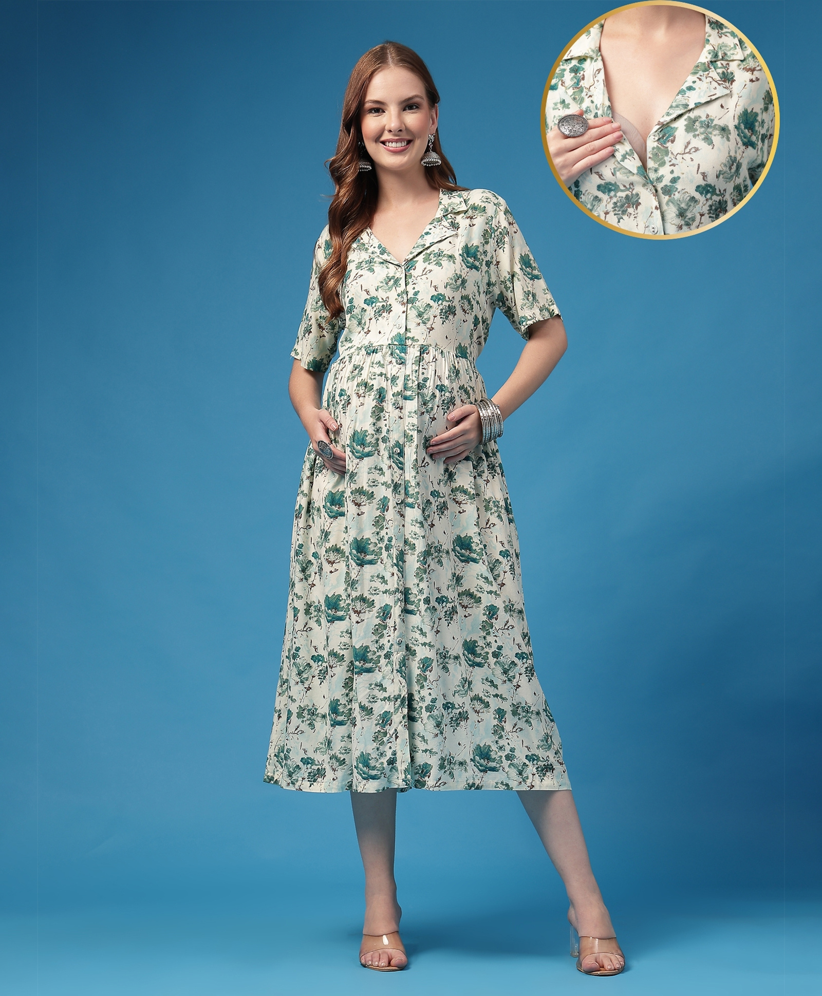 Zelena Rayon Woven Half Sleeves Floral Printed Maternity Dress With Front Open Nursing Access - Sky Blue Floral-picture-30