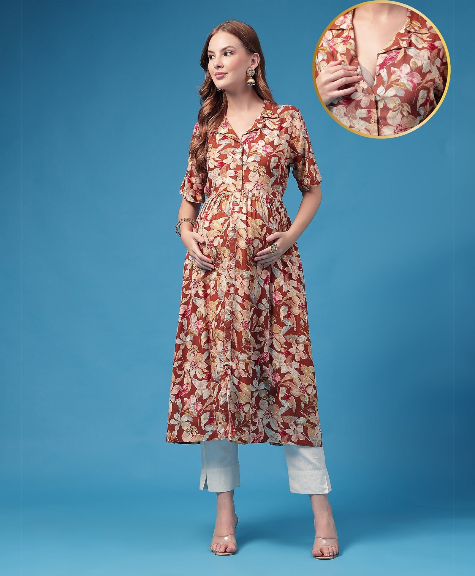 Zelena Rayon Woven Half Sleeves Floral Printed Maternity Dress With Front Open Nursing Access - Red Floral-picture-28