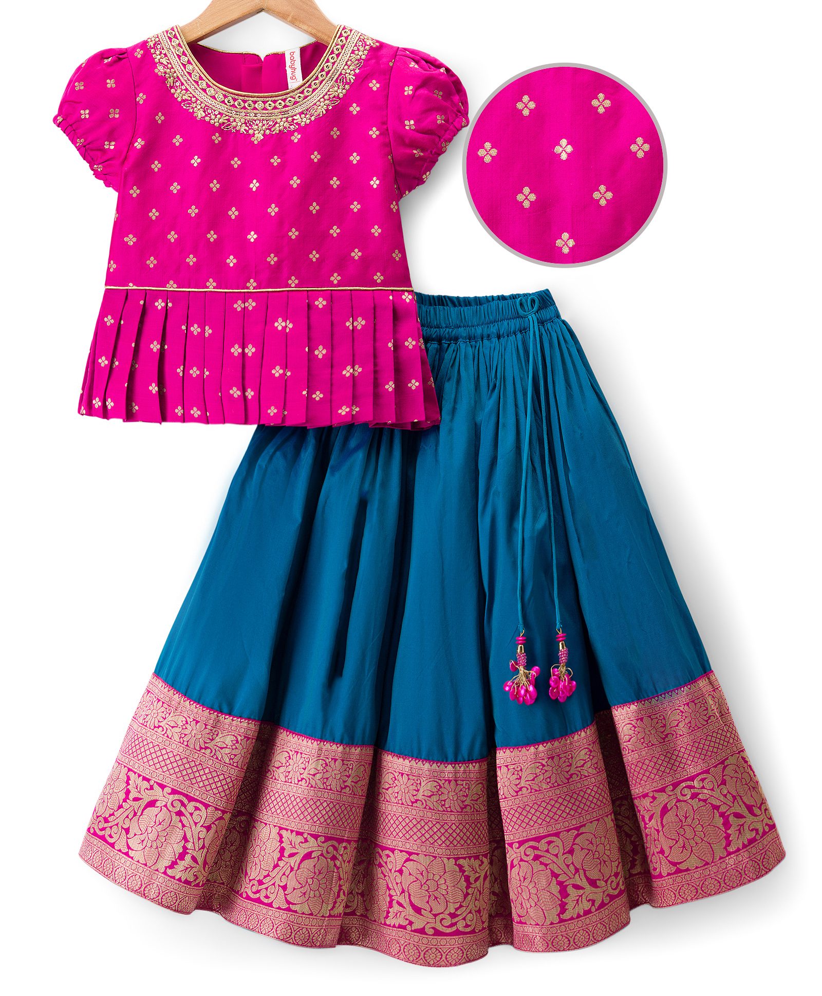 Babyhug Brocade Woven Half Sleeves Choli and Lehenga Set with Floral Embroidery & Foil Print - Dark Pink-picture-11