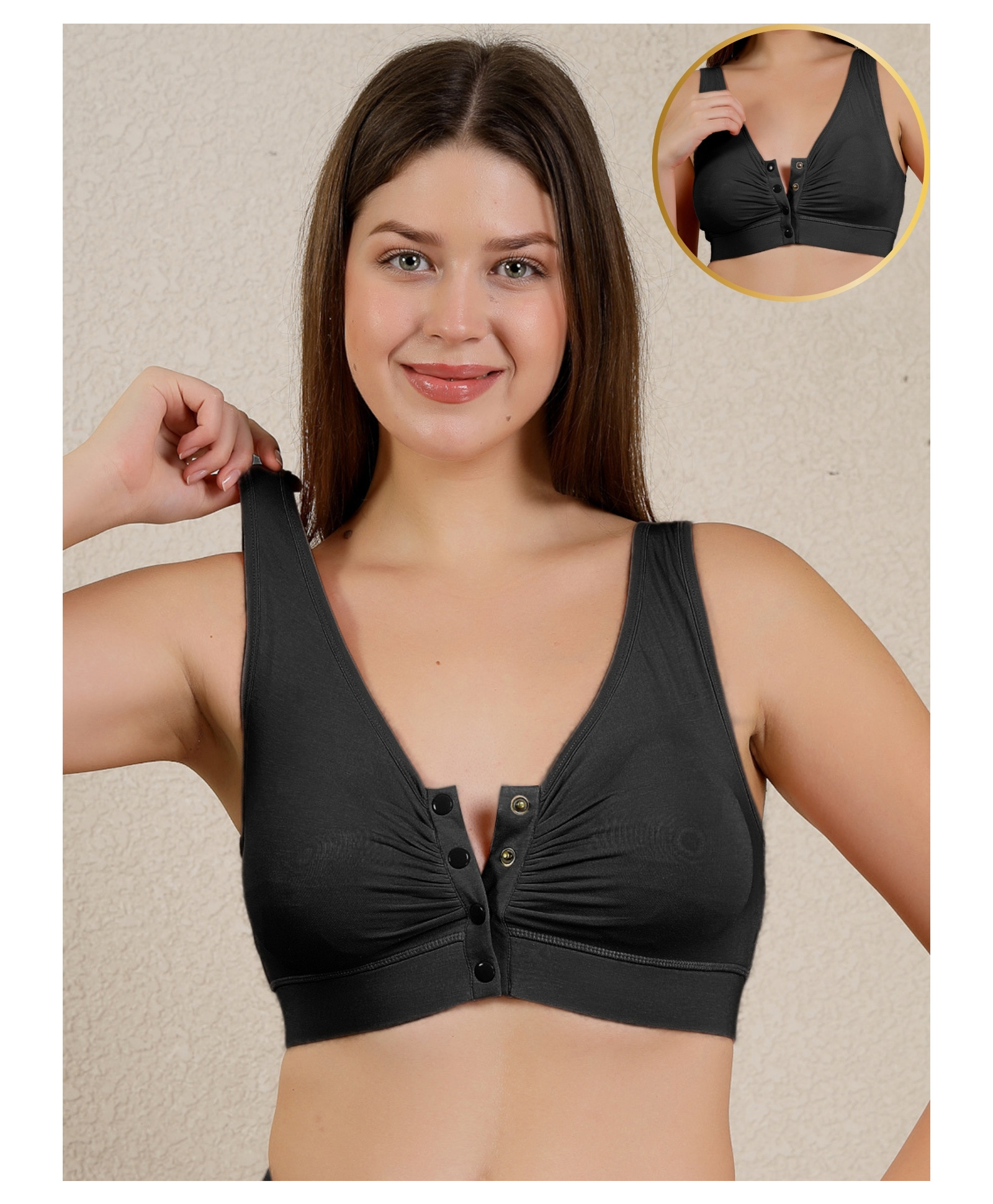 Zelena 95% Modal 5% Elastane Ruched Solid Maternity Bra With Front Open Nursing Access - Black-picture-17