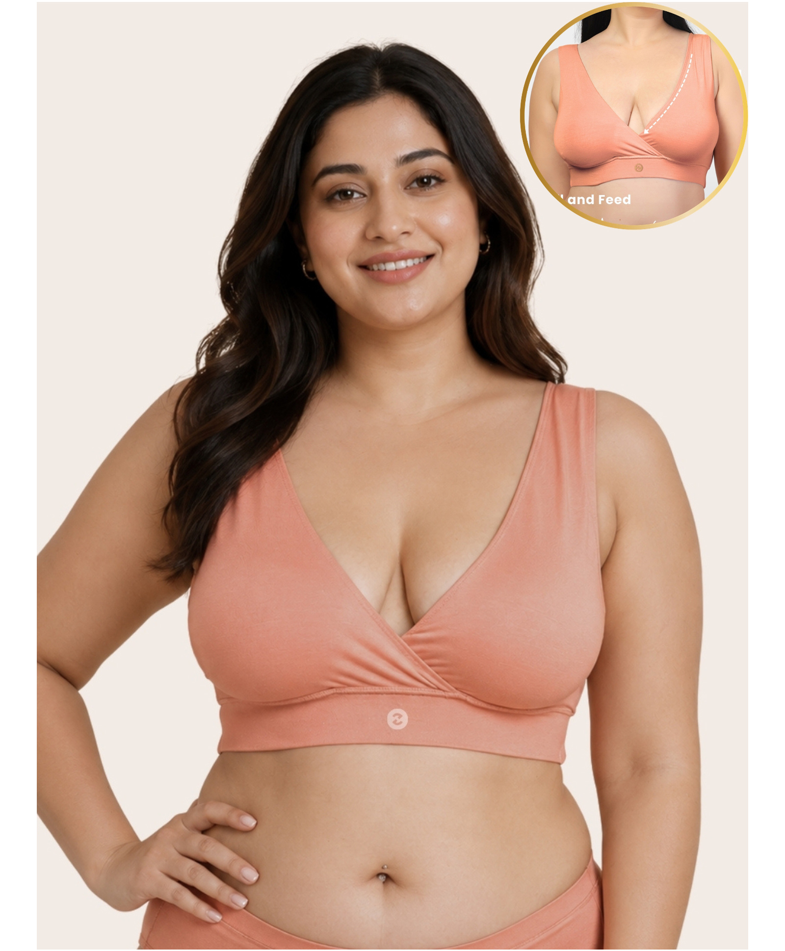 Zelena 95% Modal 5% Elastane Knit Sleeveless Solid Padded Maternity Bra With Nursing Access - Paper Peach-image-5