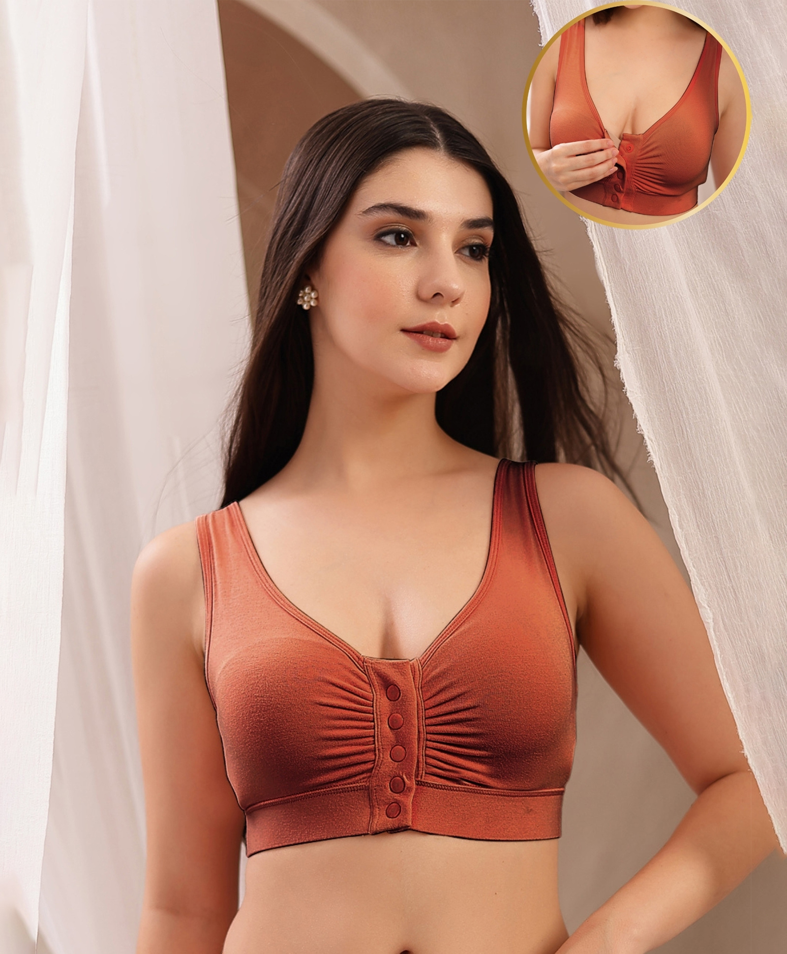 Zelena 95% Modal 5% Elastane Sleeveless Solid Ruched Maternity Bra With Front Open Nursing Access - Rust-picture-16