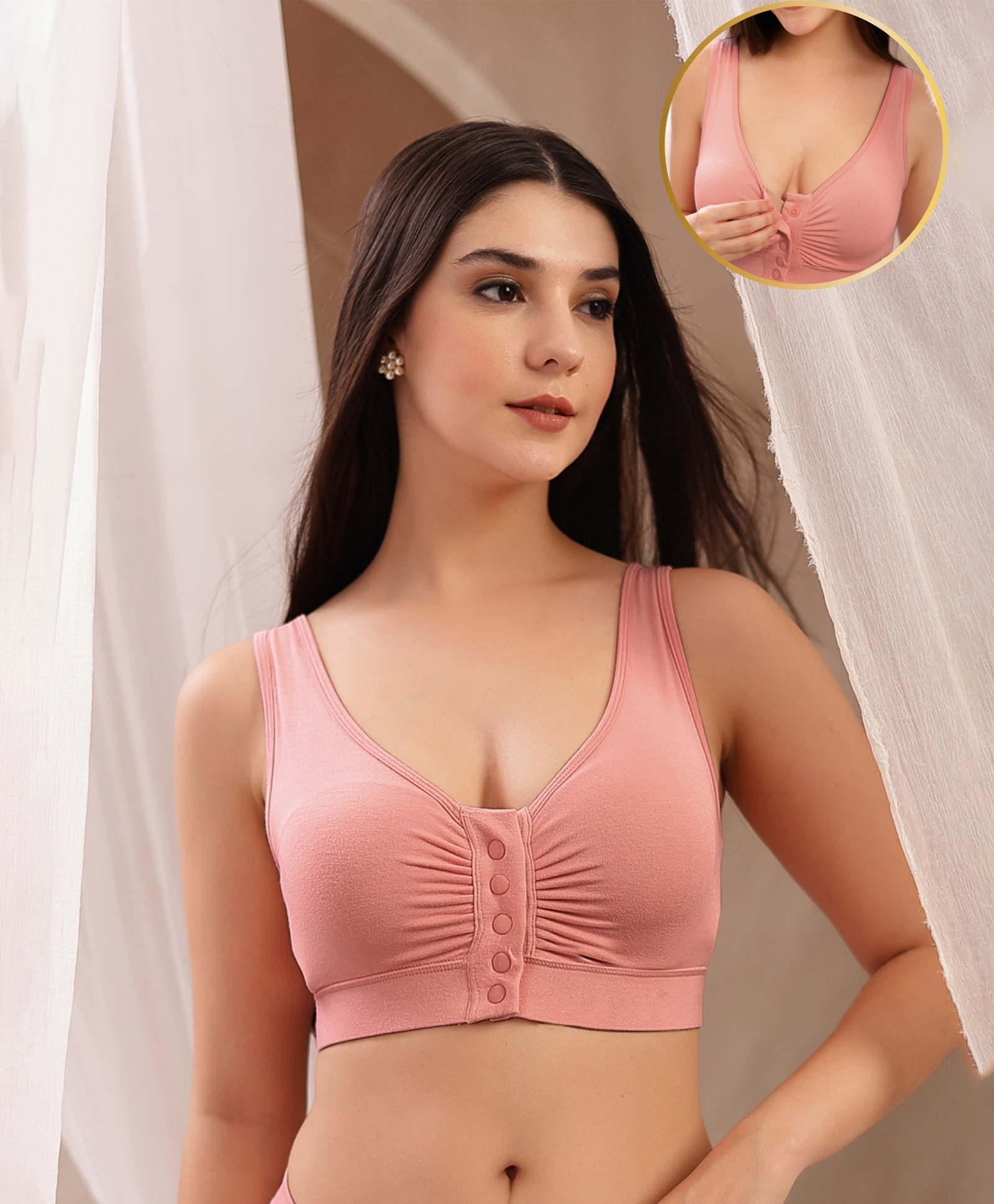 Zelena 95% Modal 5% Elastane Sleeveless Solid Ruched Maternity Bra With Front Open Nursing Access - Onion-picture-27