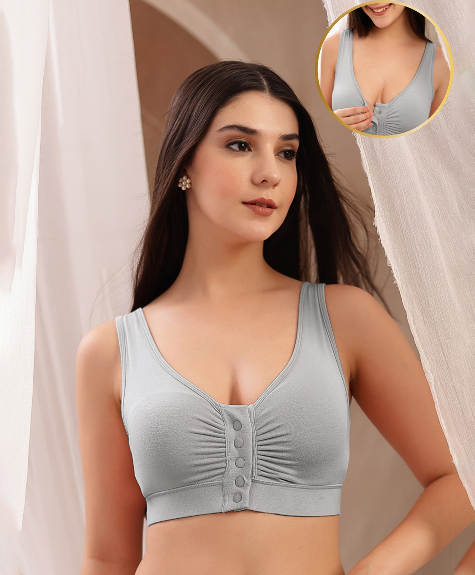 Zelena 95% Modal 5% Elastane Sleeveless Solid Ruched Maternity Bra With Front Open Nursing Access - Light Grey-picture-10