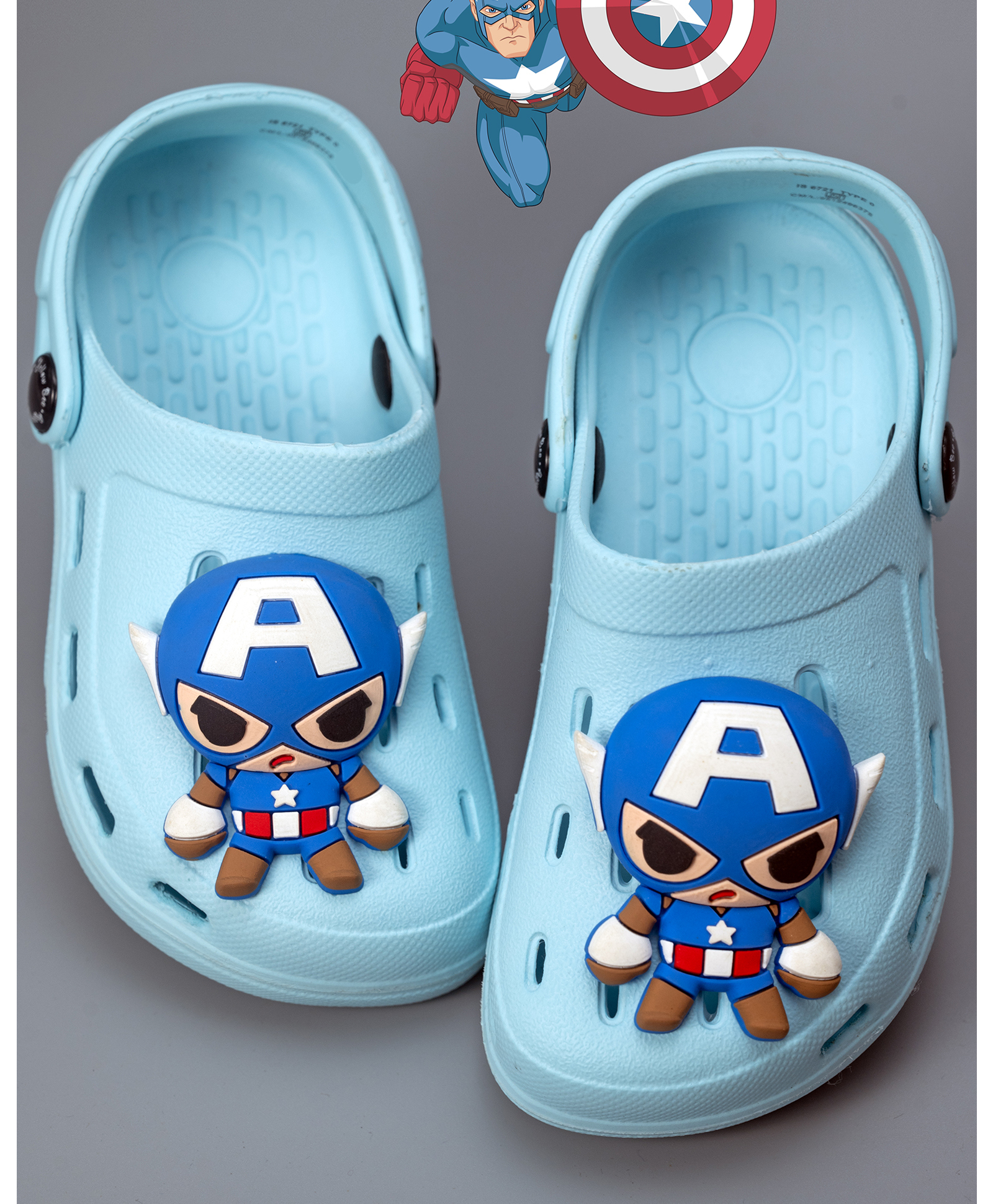 Yellow Bee Marvel Featuring Captain America 3D Applique Detailed Perforated Slingback Clogs - Light Blue-picture-24