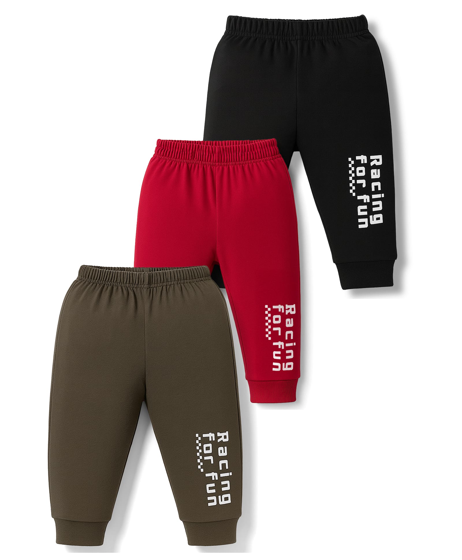 Zero Fleece Knit Full Length Fleece Pants With Text Print Pack Of 3 - Red Black & Light Brown