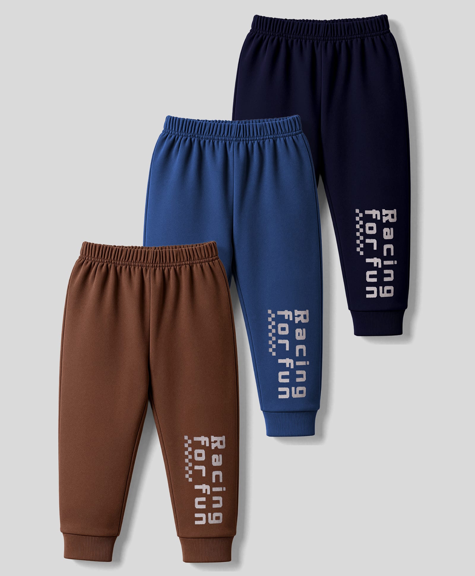 Zero Fleece Knit Full Length Lounge Pants with Racing for Fun Text Print Pack of 3 - Black Brown & Royal Blue-image-46