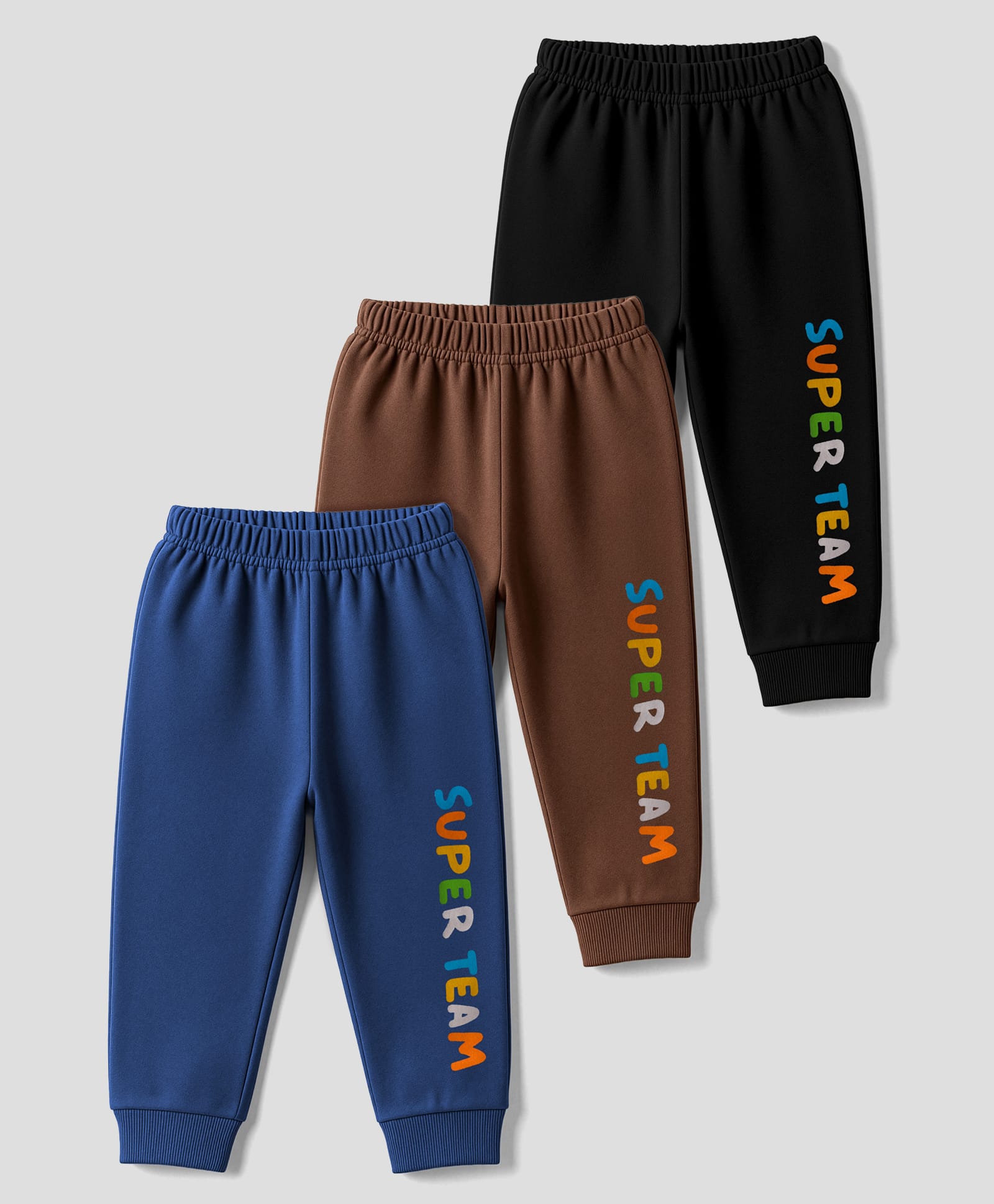Zero Fleece Knit Full Length Lounge Pants with Superteam Text Print Pack of 3 - Black Brown & Royal Blue-image-48