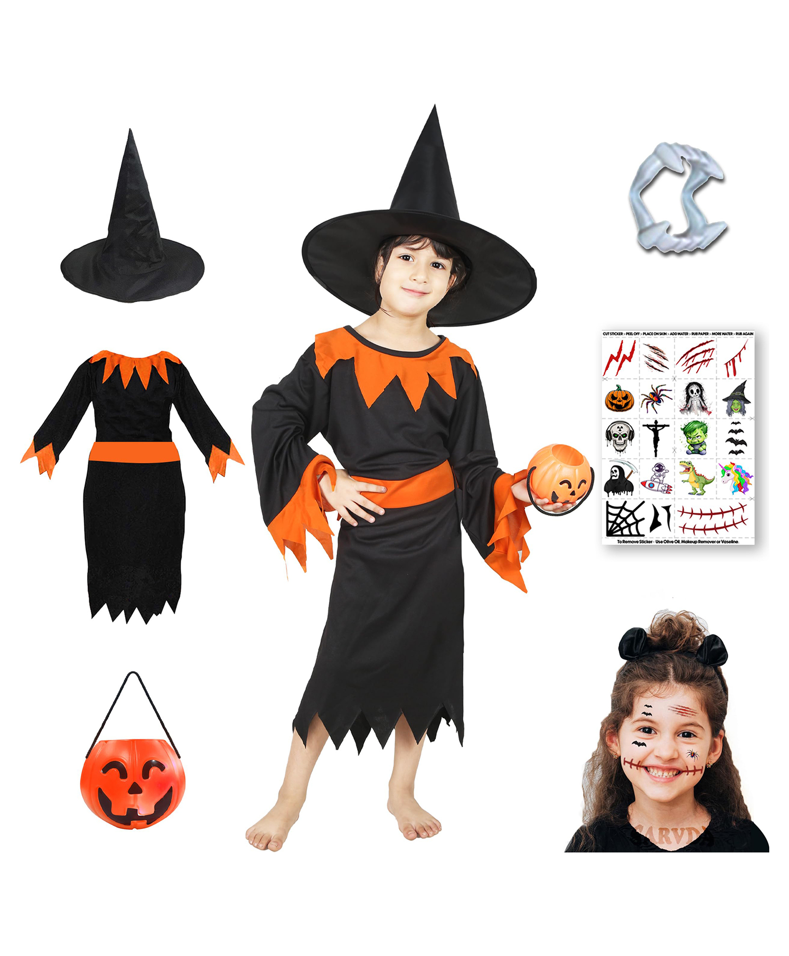 Sarvda Lycra Halloween Theme Three Fourth Sleeves Witch Dress Costume Set With Pumpkin Basket Fangs & Tattoos - Orange & Black-image-34