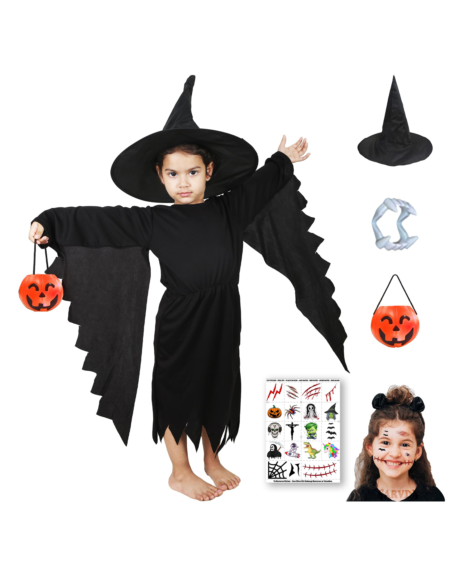 Sarvda Lycra Halloween Theme Three Fourth Sleeves Crow Dress Costume Set With Pumpkin Basket Fangs & Tattoos - Black-image-35