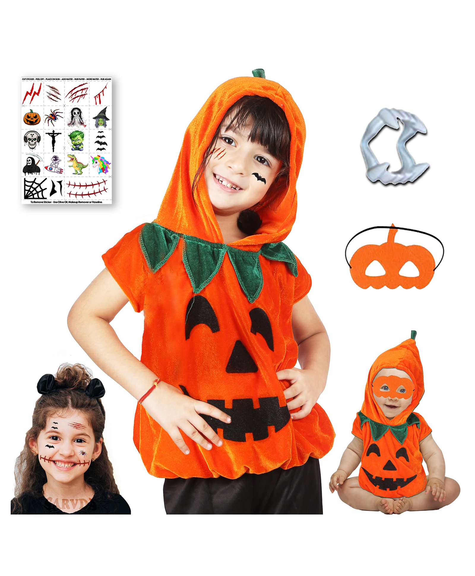 Sarvda Velvet Halloween Theme Half Sleeves Hooded Costume With Pumpkin Mask Scary Teeth & Tattoos Set - Orange-image-32